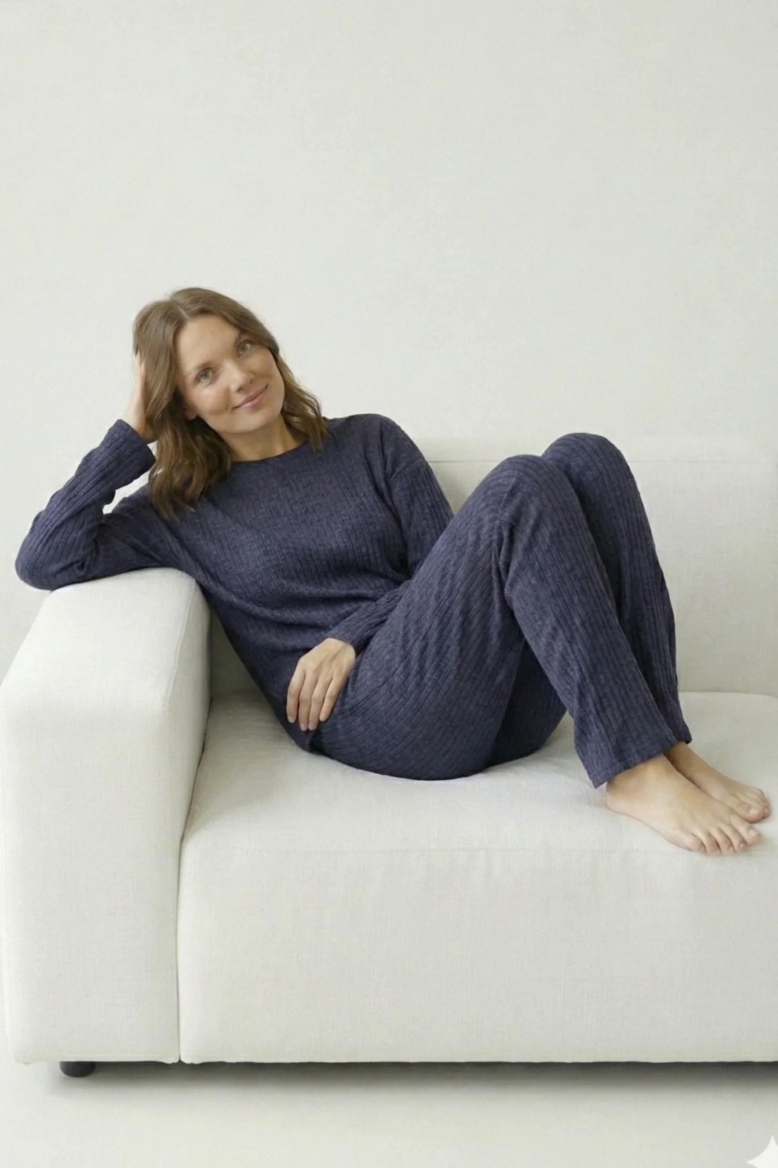 Pamuklu Kalın Kışlık İnterlok Şeritli Uzun Kollu Örme Pijama Takımı, İndigo, M Fiyatı, Yorumları ve Özellikleri