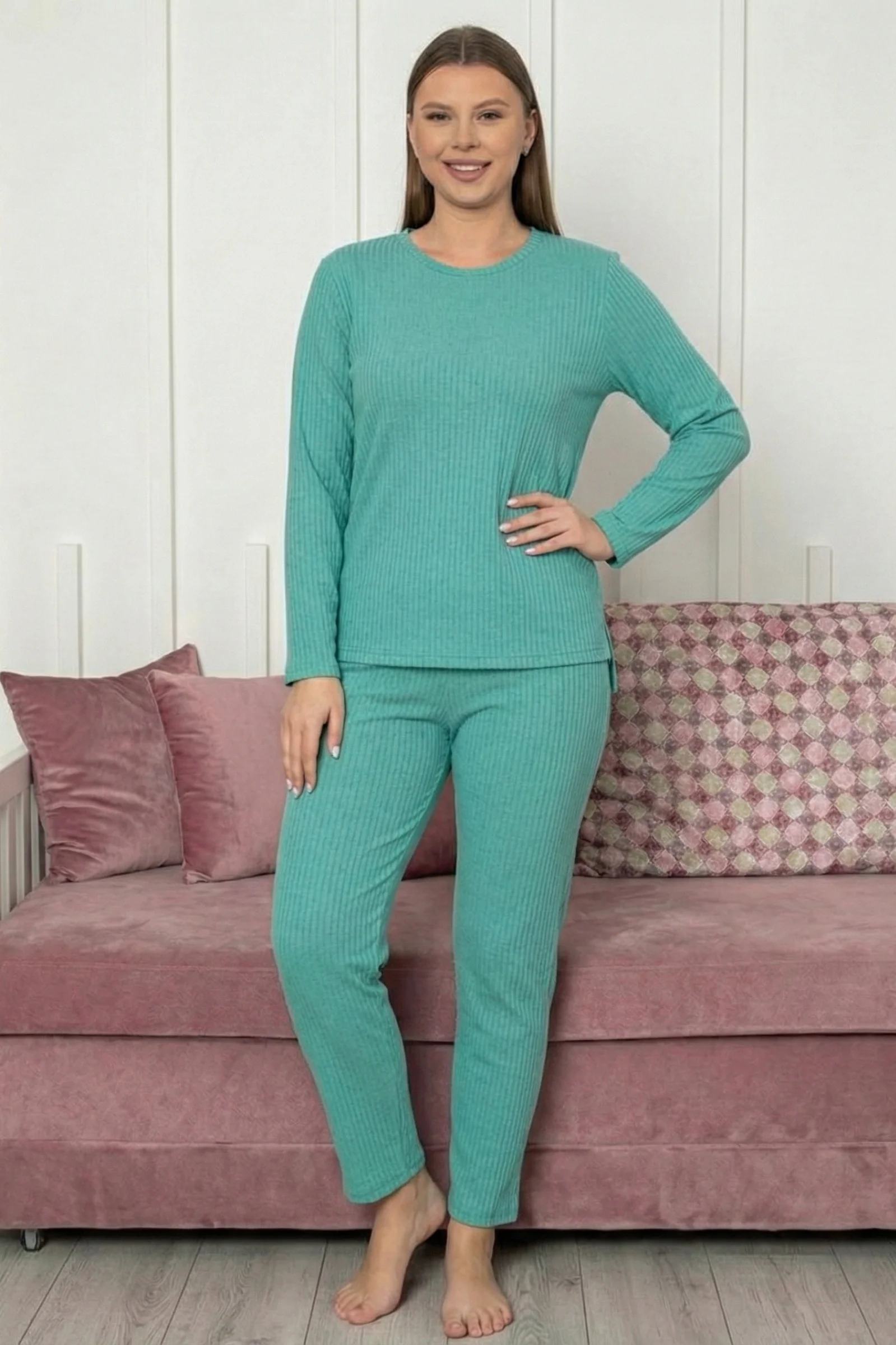 Pamuklu Kalın Kışlık İnterlok Şeritli Uzun Kollu Örme Pijama Takımı, Turkuaz, XL Pamuklu Kalın Kışlık İnterlok Şeritli Uzun Kollu Örme Pijama Takımı, Turkuaz, XL