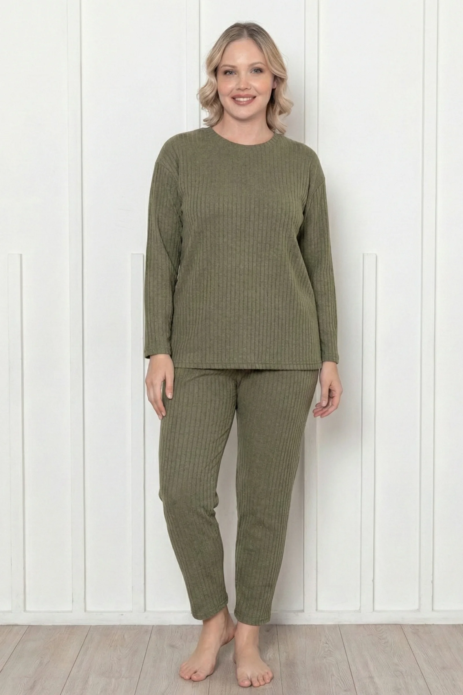Pamuklu Kalın Kışlık İnterlok Şeritli Uzun Kollu Örme Pijama Takımı, Haki, XL Fiyatı, Yorumları ve Özellikleri