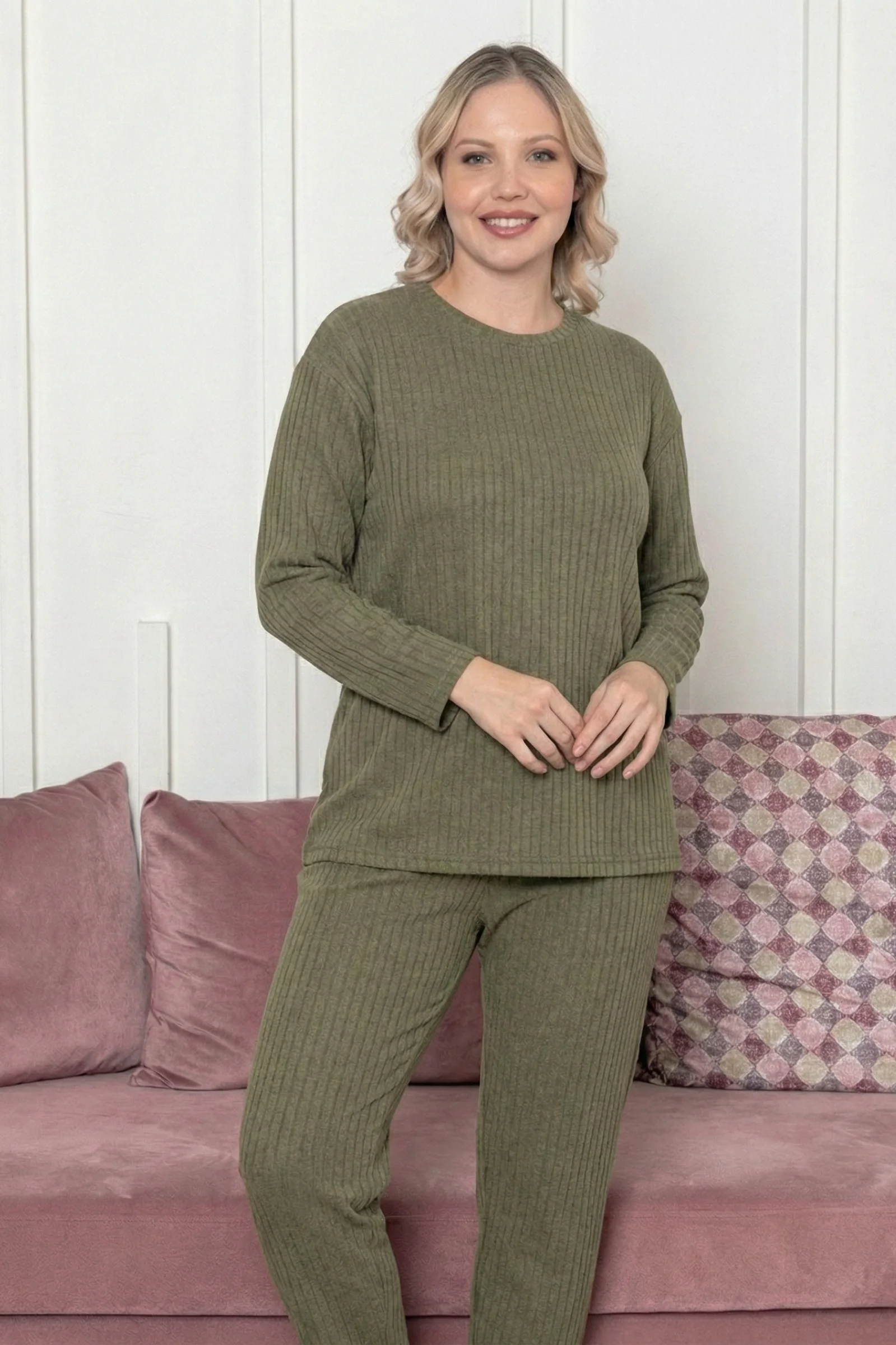 Pamuklu Kalın Kışlık İnterlok Şeritli Uzun Kollu Örme Pijama Takımı, Haki, L Fiyatı, Yorumları ve Özellikleri