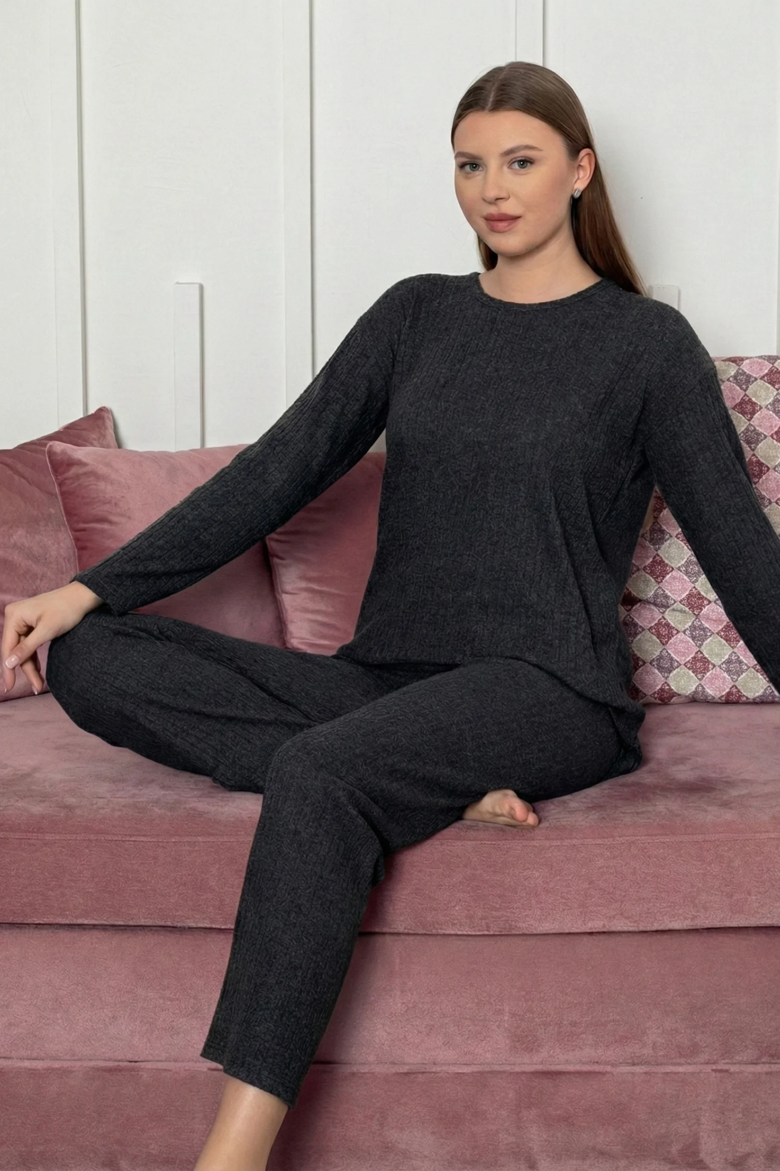 Pamuklu Kalın Kışlık İnterlok Şeritli Uzun Kollu Örme Pijama Takımı, Siyah, M Fiyatı, Yorumları ve Özellikleri