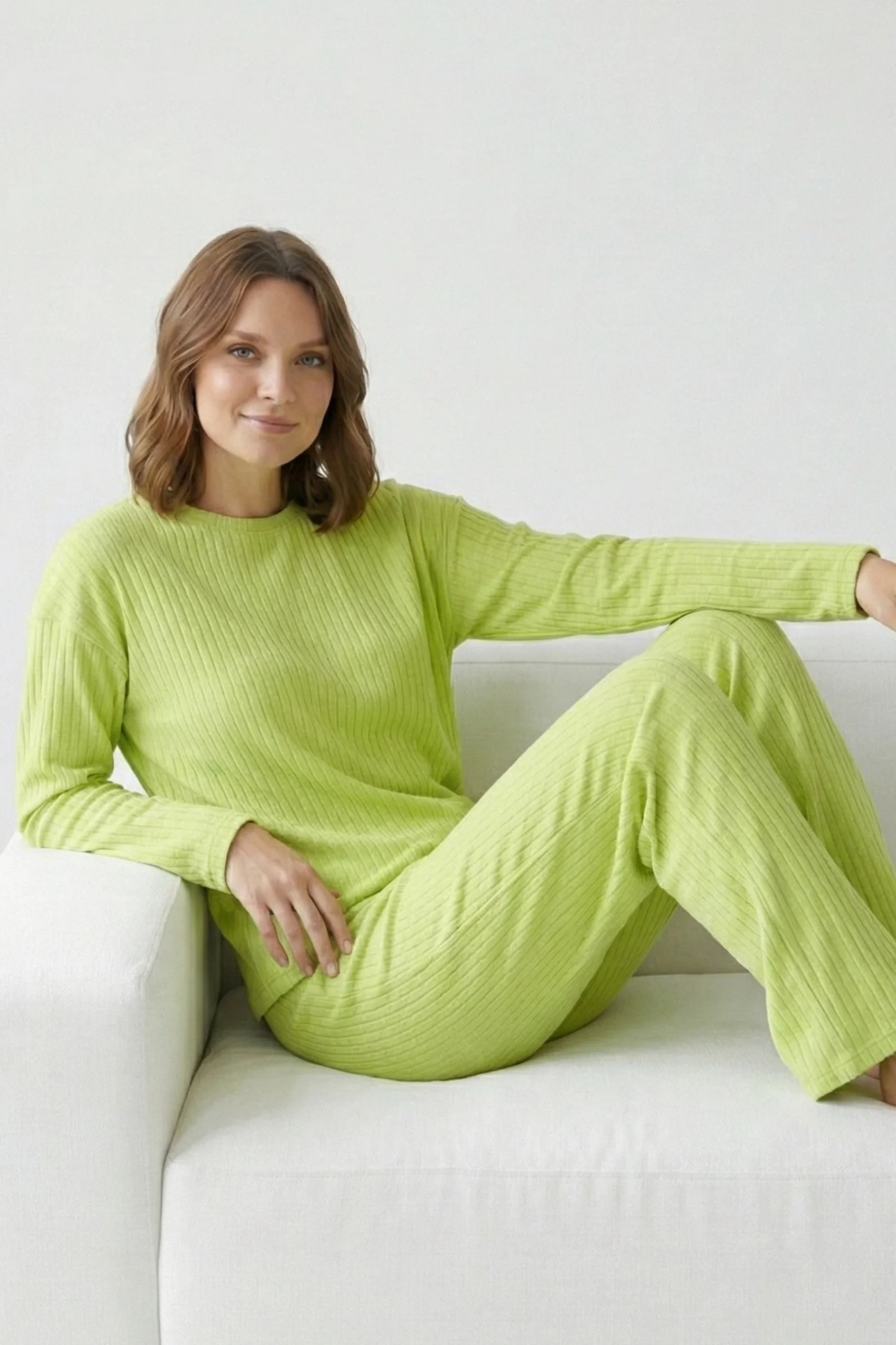 Pamuklu Kalın Kışlık İnterlok Şeritli Uzun Kollu Örme Pijama Takımı, Fıstık Yeşili, M Fiyatı, Yorumları ve Özellikleri