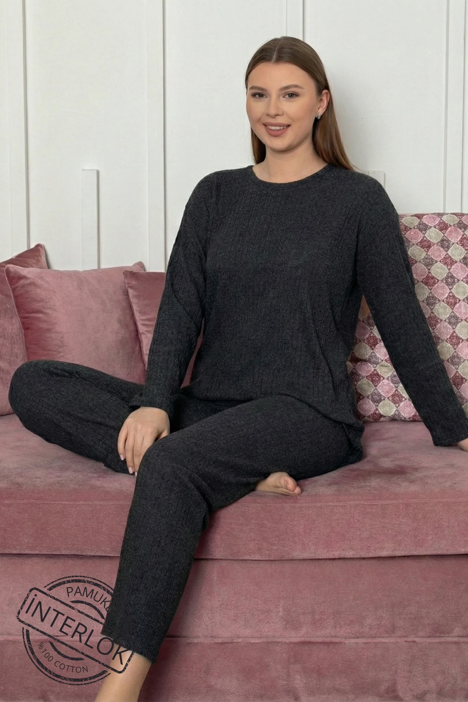 Pamuklu Kalın Kışlık İnterlok Şeritli Uzun Kollu Örme Pijama Takımı, Siyah, M Fiyatı, Yorumları ve Özellikleri