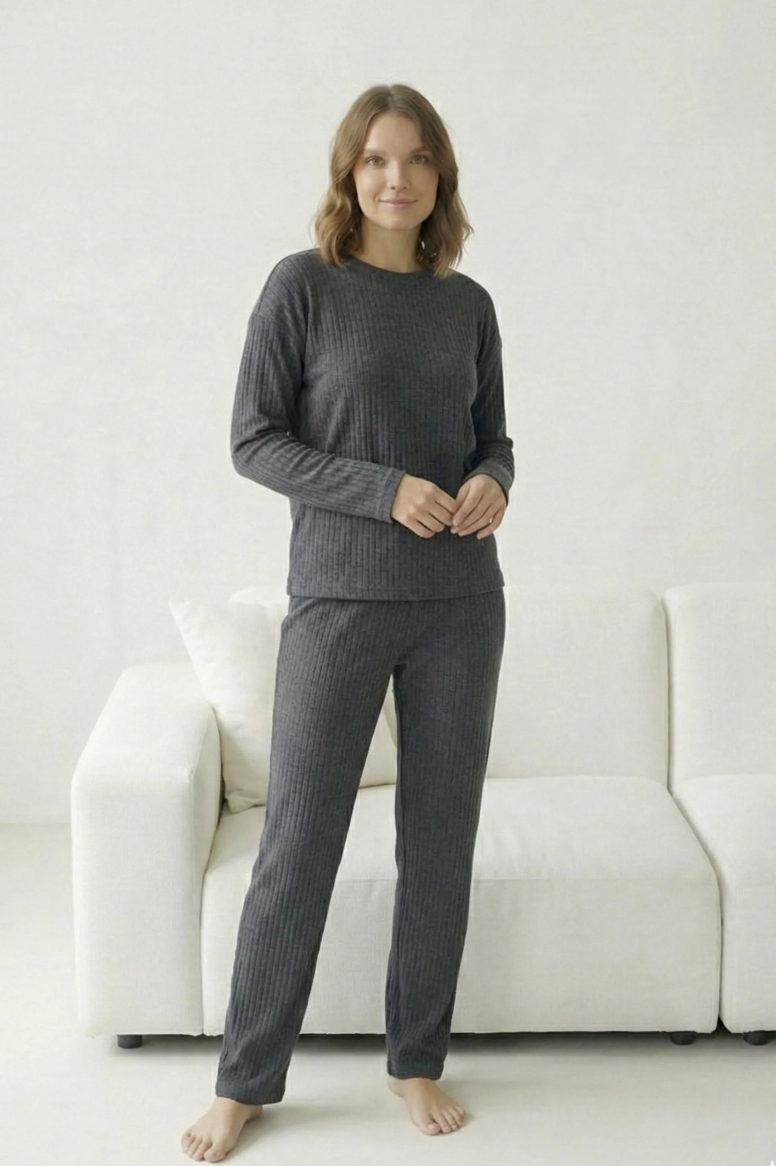 Pamuklu Kalın Kışlık İnterlok Şeritli Uzun Kollu Örme Pijama Takımı, Antrasit, XL Fiyatı, Yorumları ve Özellikleri