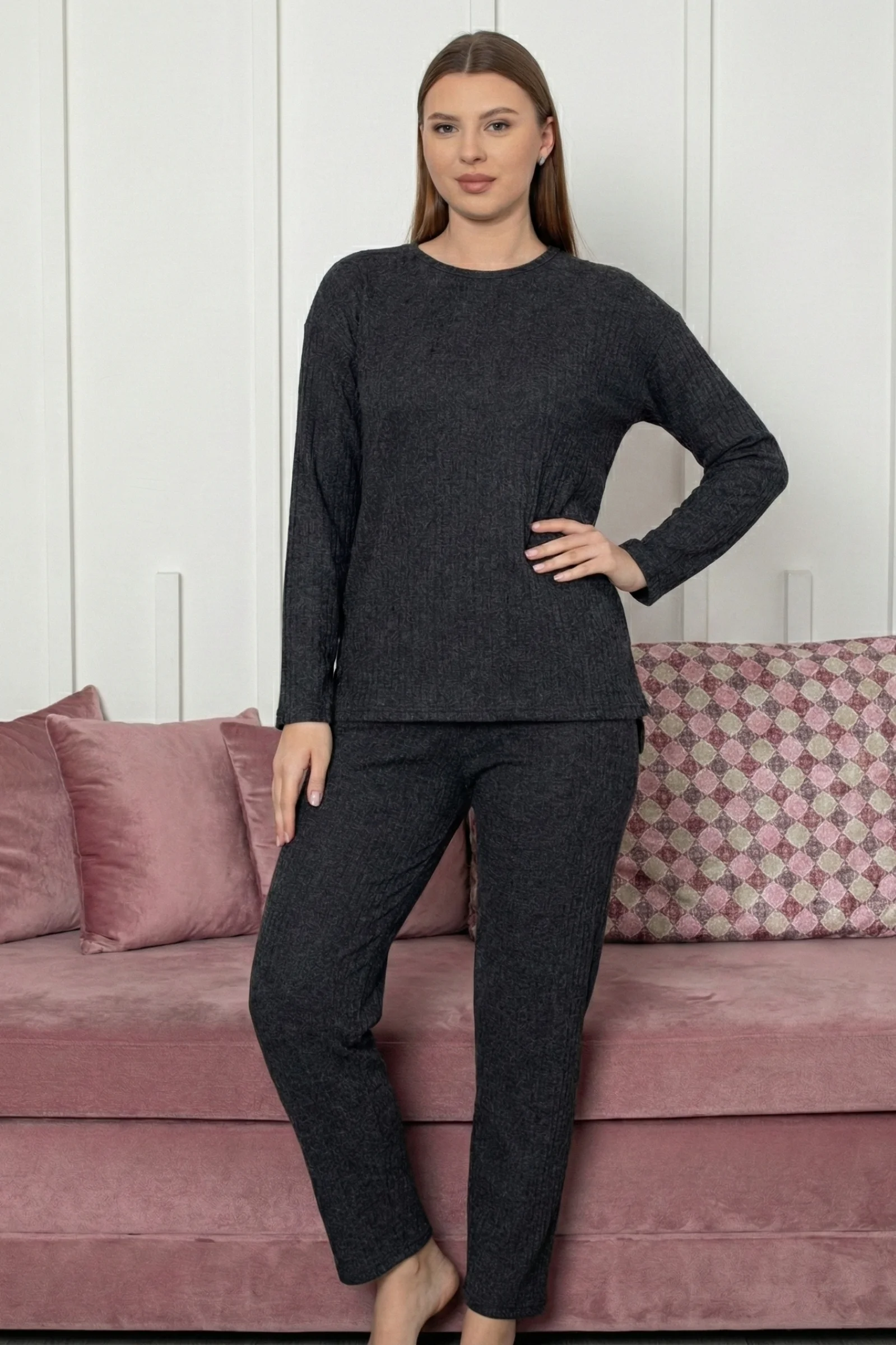 Pamuklu Kalın Kışlık İnterlok Şeritli Uzun Kollu Örme Pijama Takımı, Siyah, XL Fiyatı, Yorumları ve Özellikleri