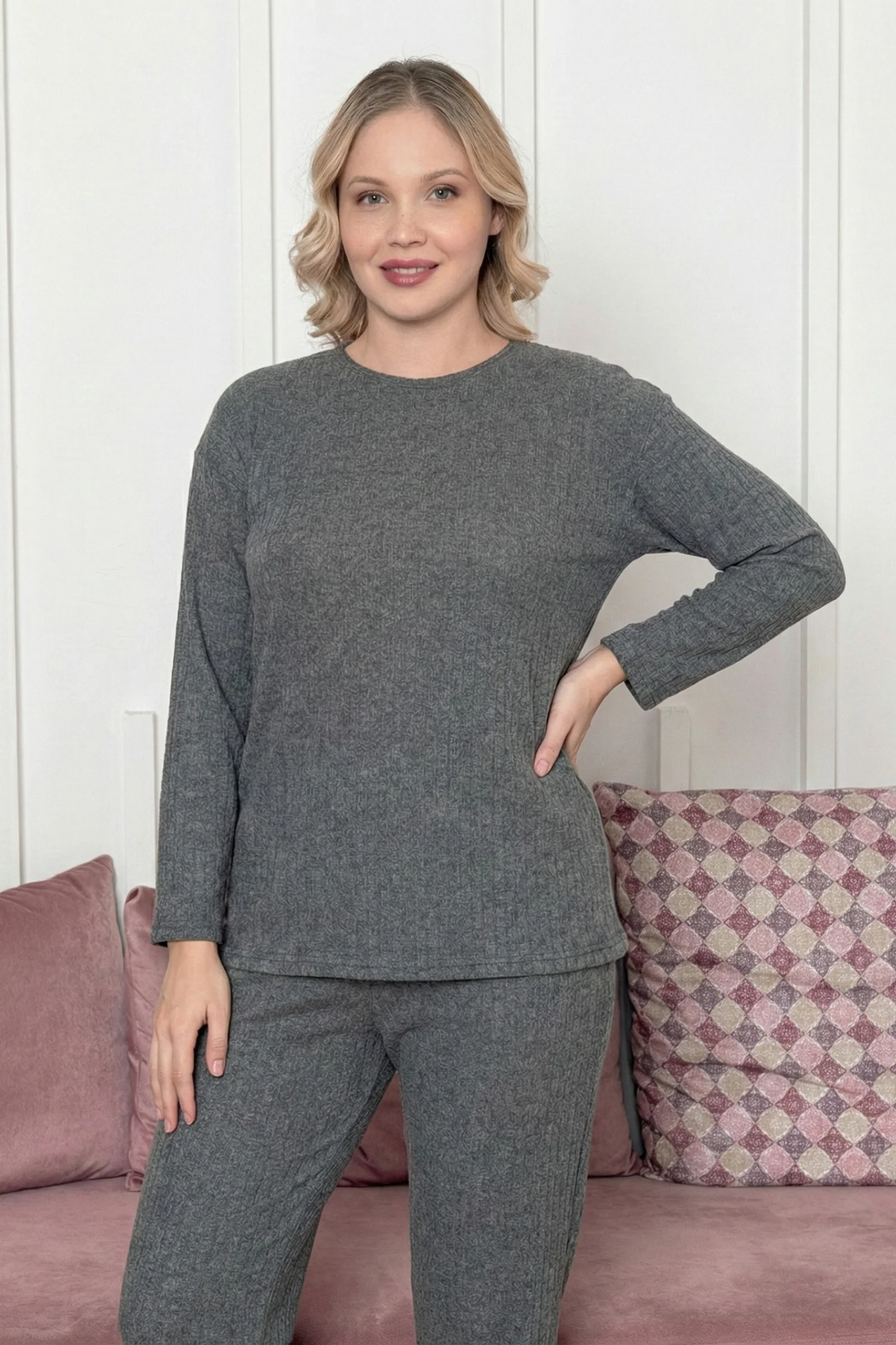 Pamuklu Kalın Kışlık İnterlok Şeritli Uzun Kollu Örme Pijama Takımı, Antrasit, XL Fiyatı, Yorumları ve Özellikleri