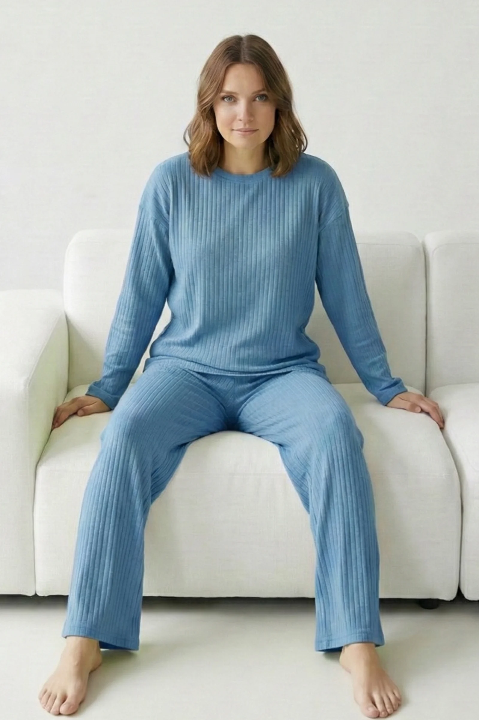Pamuklu Kalın Kışlık İnterlok Şeritli Uzun Kollu Örme Pijama Takımı, Mavi, XL Fiyatı, Yorumları ve Özellikleri