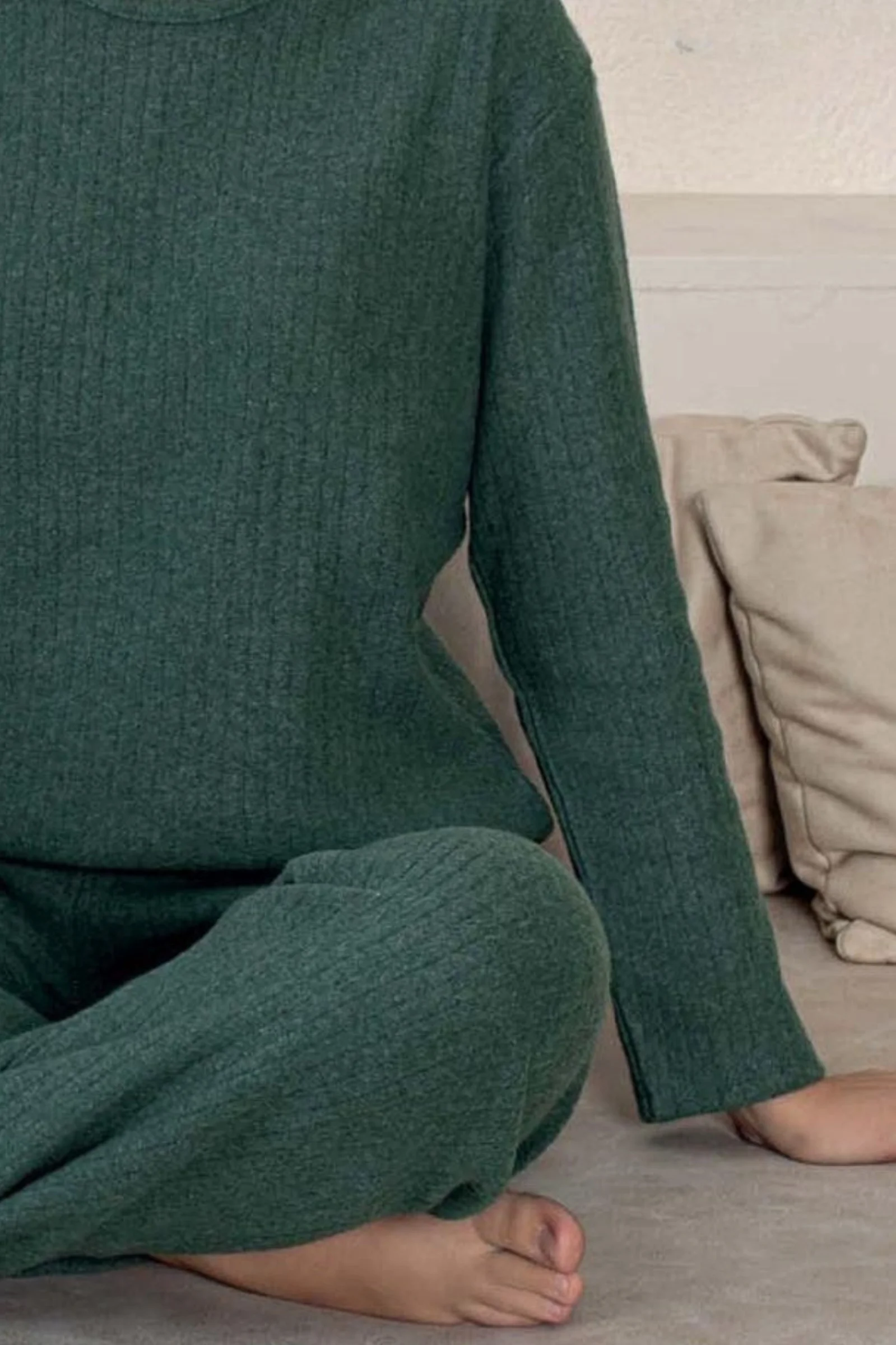 Pamuklu Kalın Kışlık İnterlok Şeritli Uzun Kollu Örme Pijama Takımı, Yeşil, XL