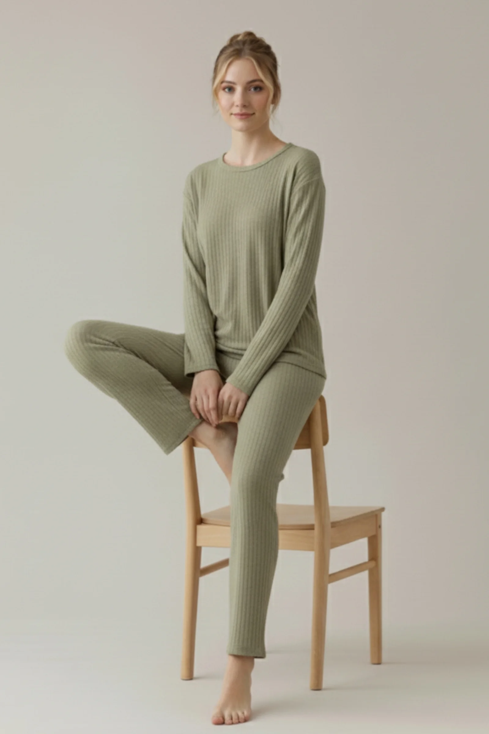 Pamuklu Kalın Kışlık İnterlok Şeritli Uzun Kollu Örme Pijama Takımı, Haki, 2XL Fiyatı, Yorumları ve Özellikleri