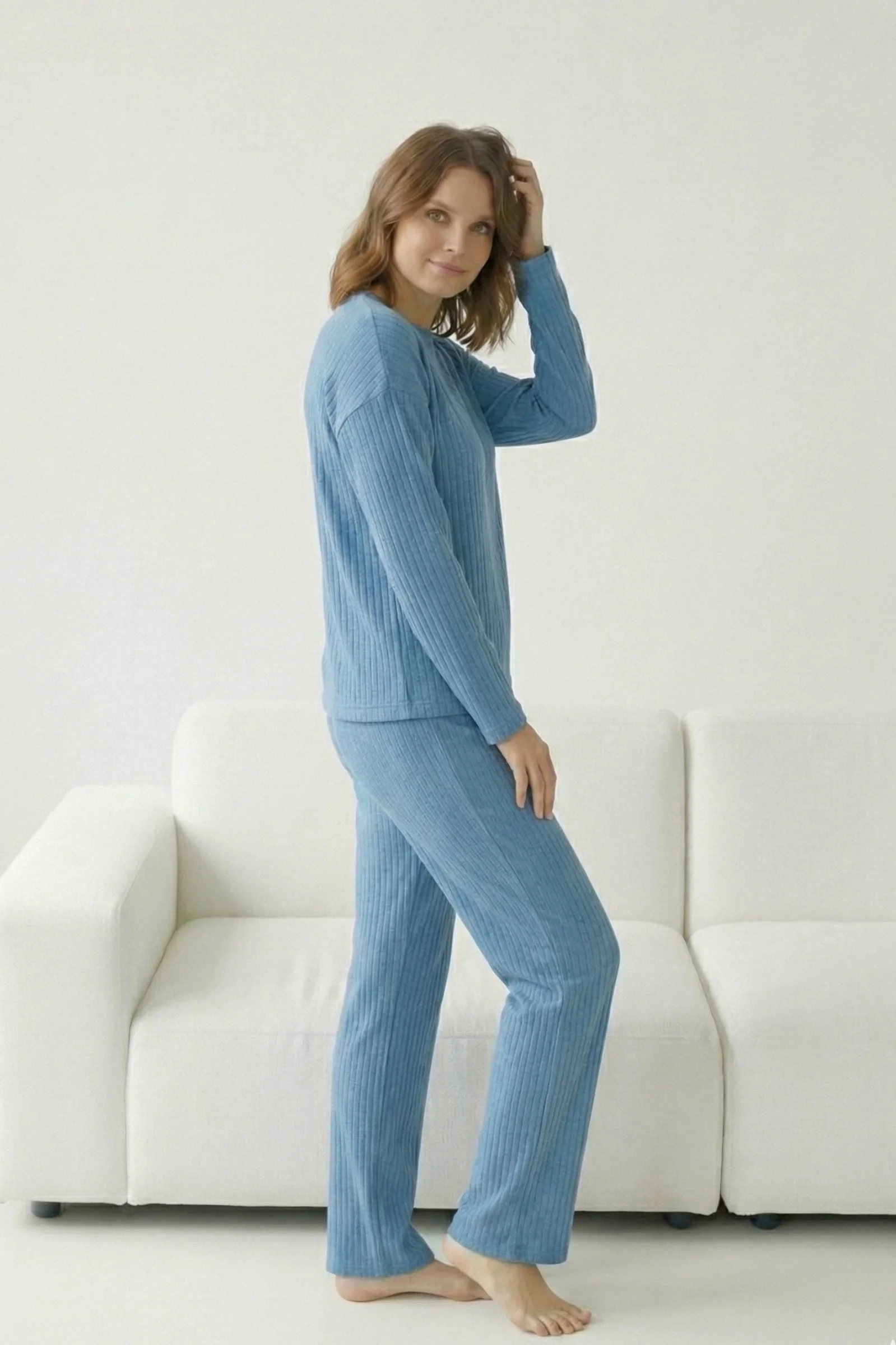 Pamuklu Kalın Kışlık İnterlok Şeritli Uzun Kollu Örme Pijama Takımı, Mavi, XL Fiyatı, Yorumları ve Özellikleri