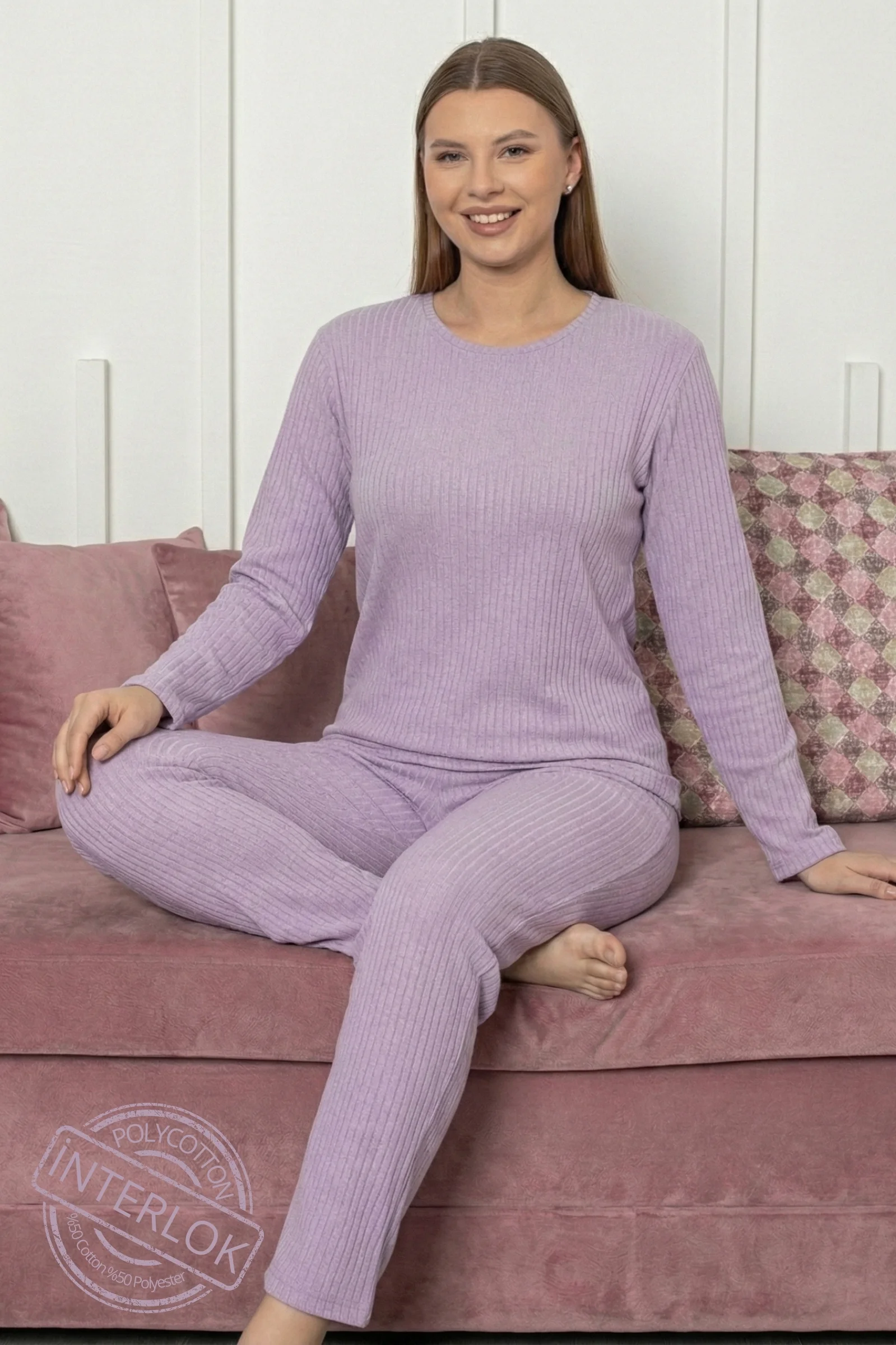 Pamuklu Kalın Kışlık İnterlok Şeritli Uzun Kollu Örme Pijama Takımı, Lila, L Fiyatı, Yorumları ve Özellikleri