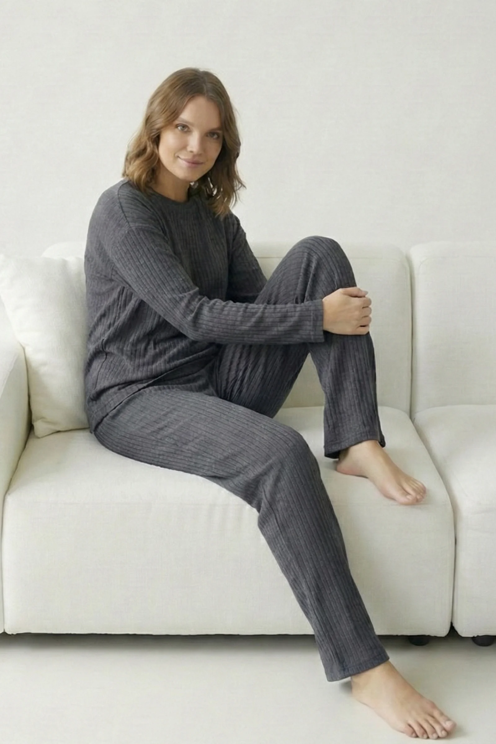 Pamuklu Kalın Kışlık İnterlok Şeritli Uzun Kollu Örme Pijama Takımı, Antrasit, M Fiyatı, Yorumları ve Özellikleri