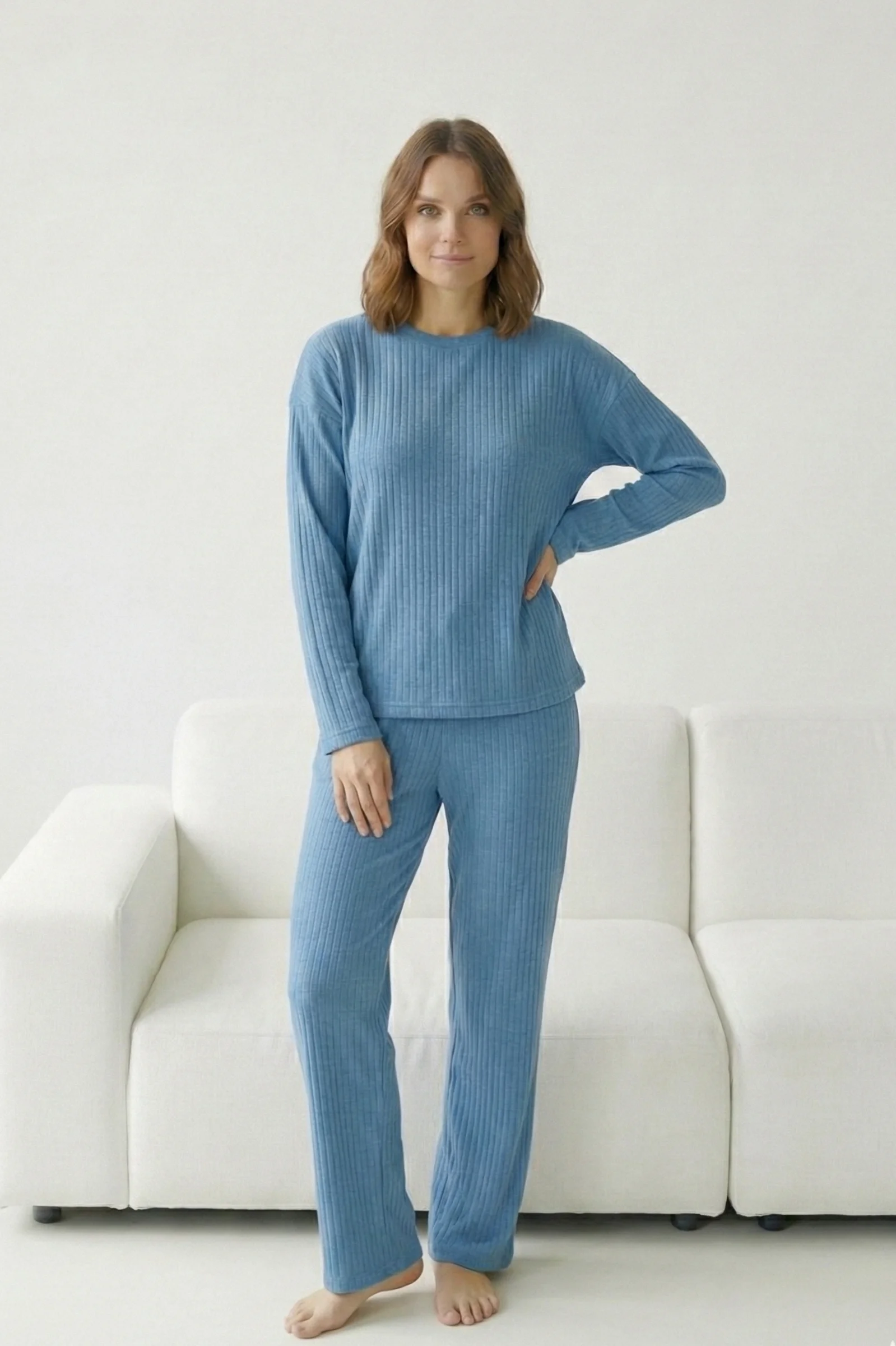 Pamuklu Kalın Kışlık İnterlok Şeritli Uzun Kollu Örme Pijama Takımı, Mavi, XL Fiyatı, Yorumları ve Özellikleri