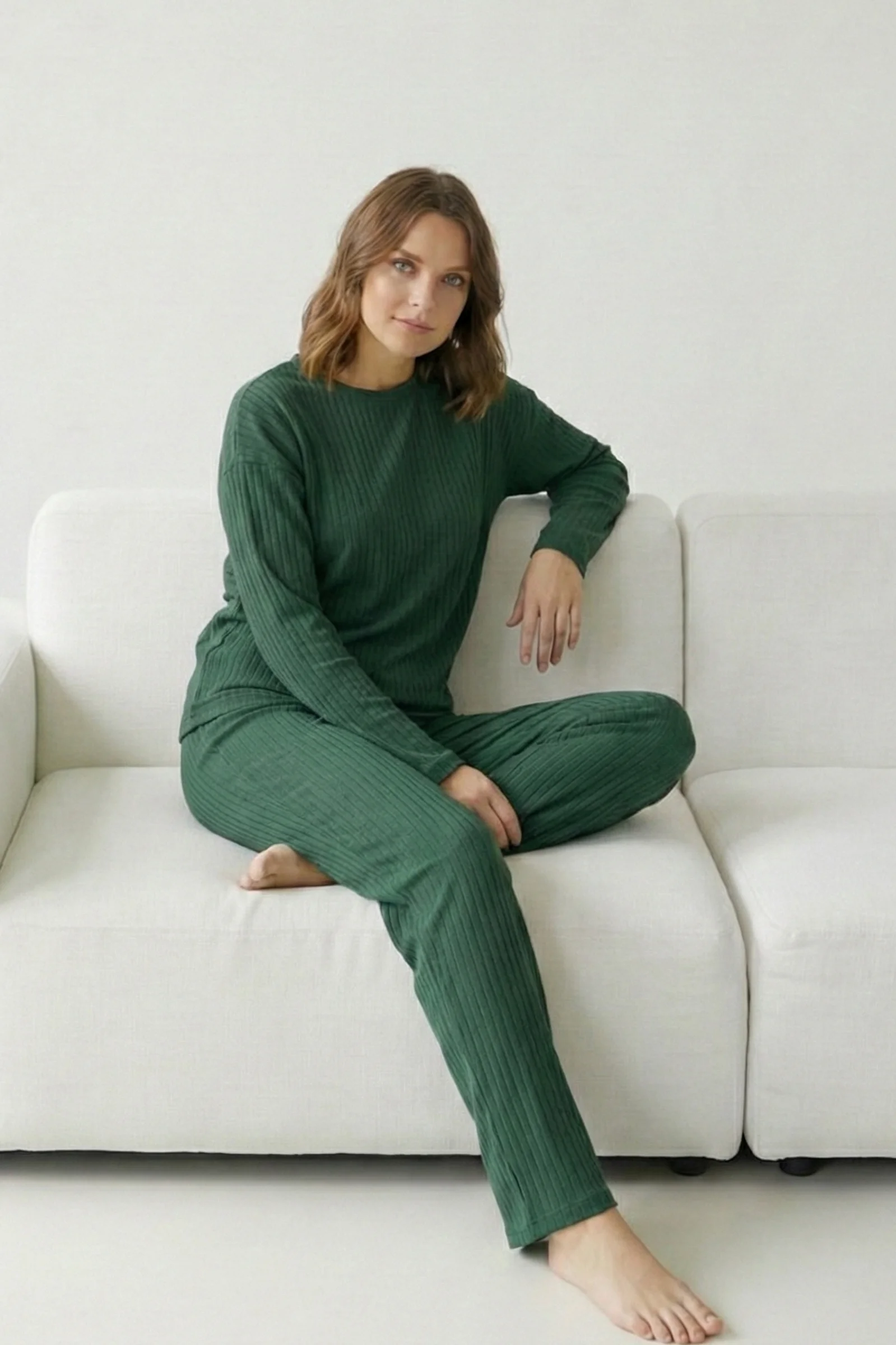 Pamuklu Kalın Kışlık İnterlok Şeritli Uzun Kollu Örme Pijama Takımı, Koyu Yeşil, L Fiyatı, Yorumları ve Özellikleri
