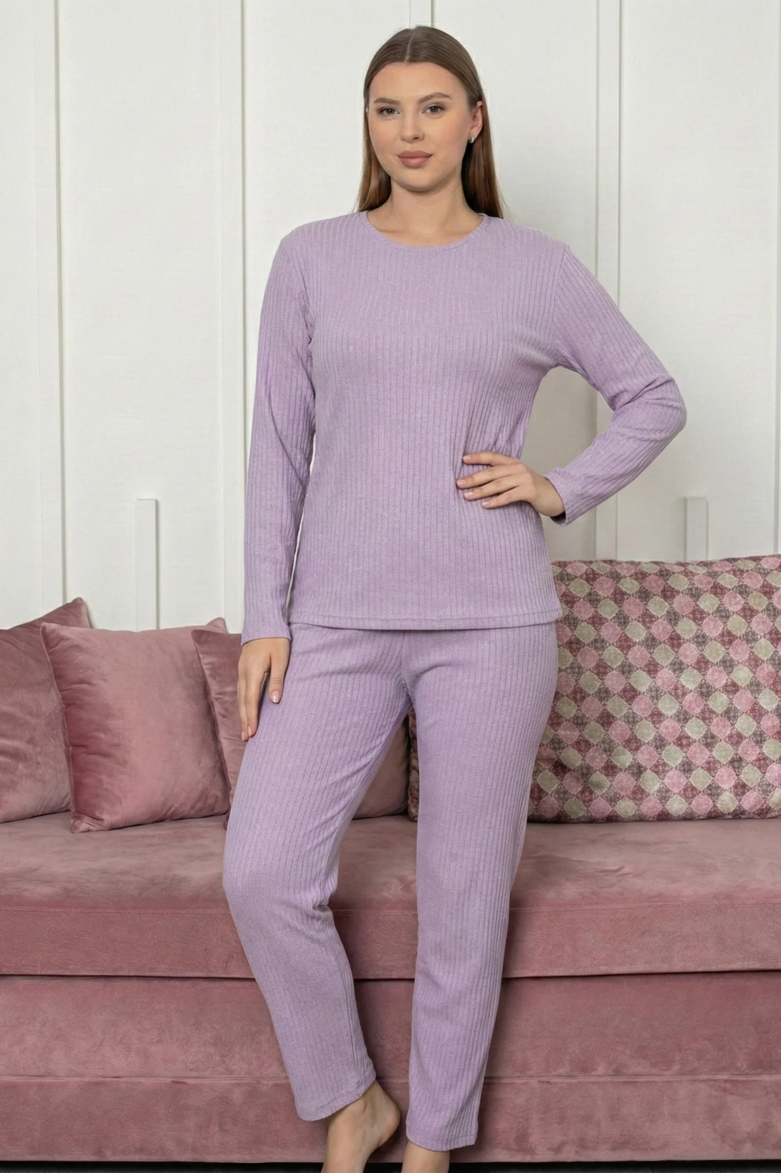 Pamuklu Kalın Kışlık İnterlok Şeritli Uzun Kollu Örme Pijama Takımı, Lila, L Fiyatı, Yorumları ve Özellikleri