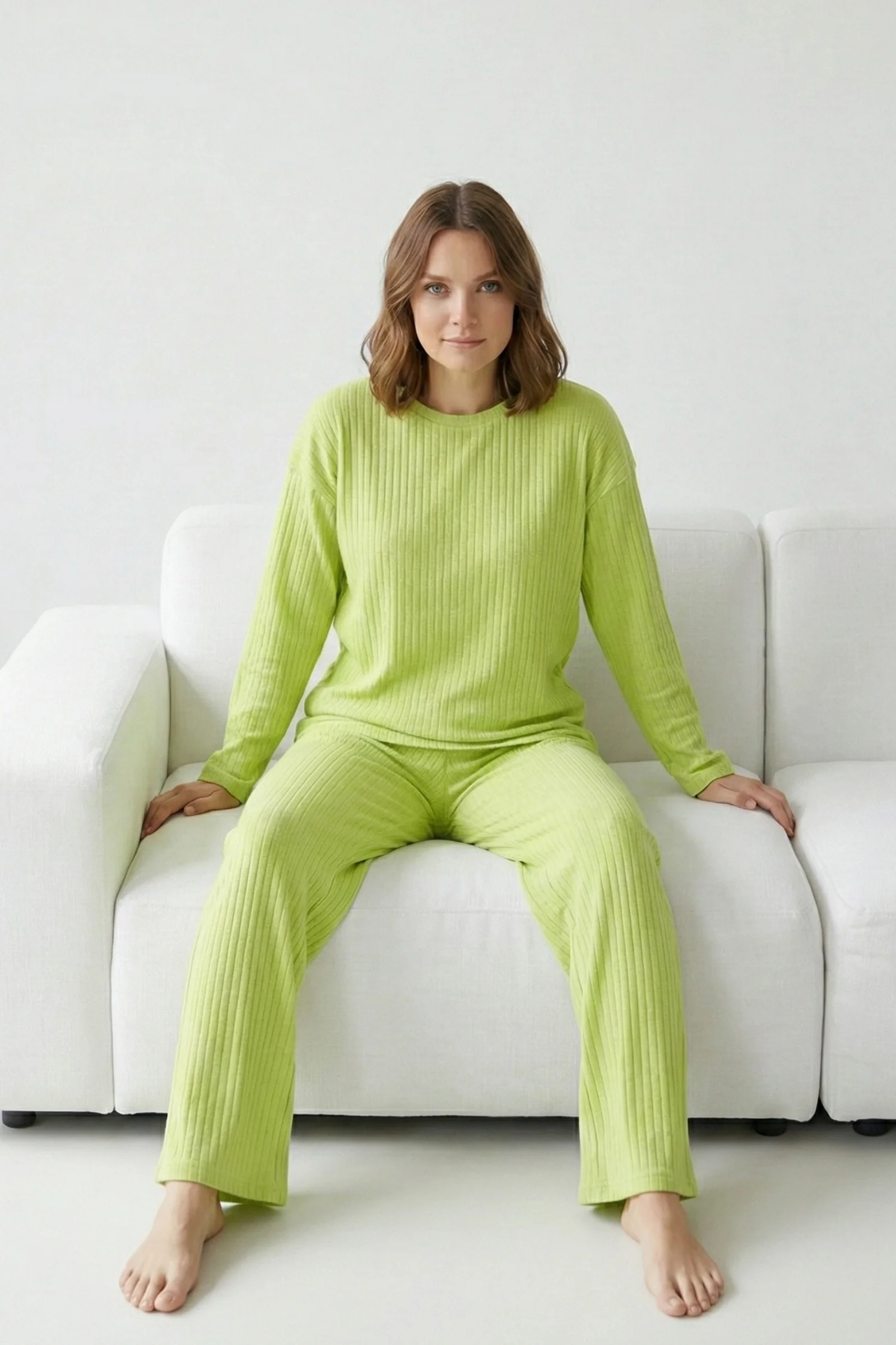 Pamuklu Kalın Kışlık İnterlok Şeritli Uzun Kollu Örme Pijama Takımı, Fıstık Yeşili, L Fiyatı, Yorumları ve Özellikleri