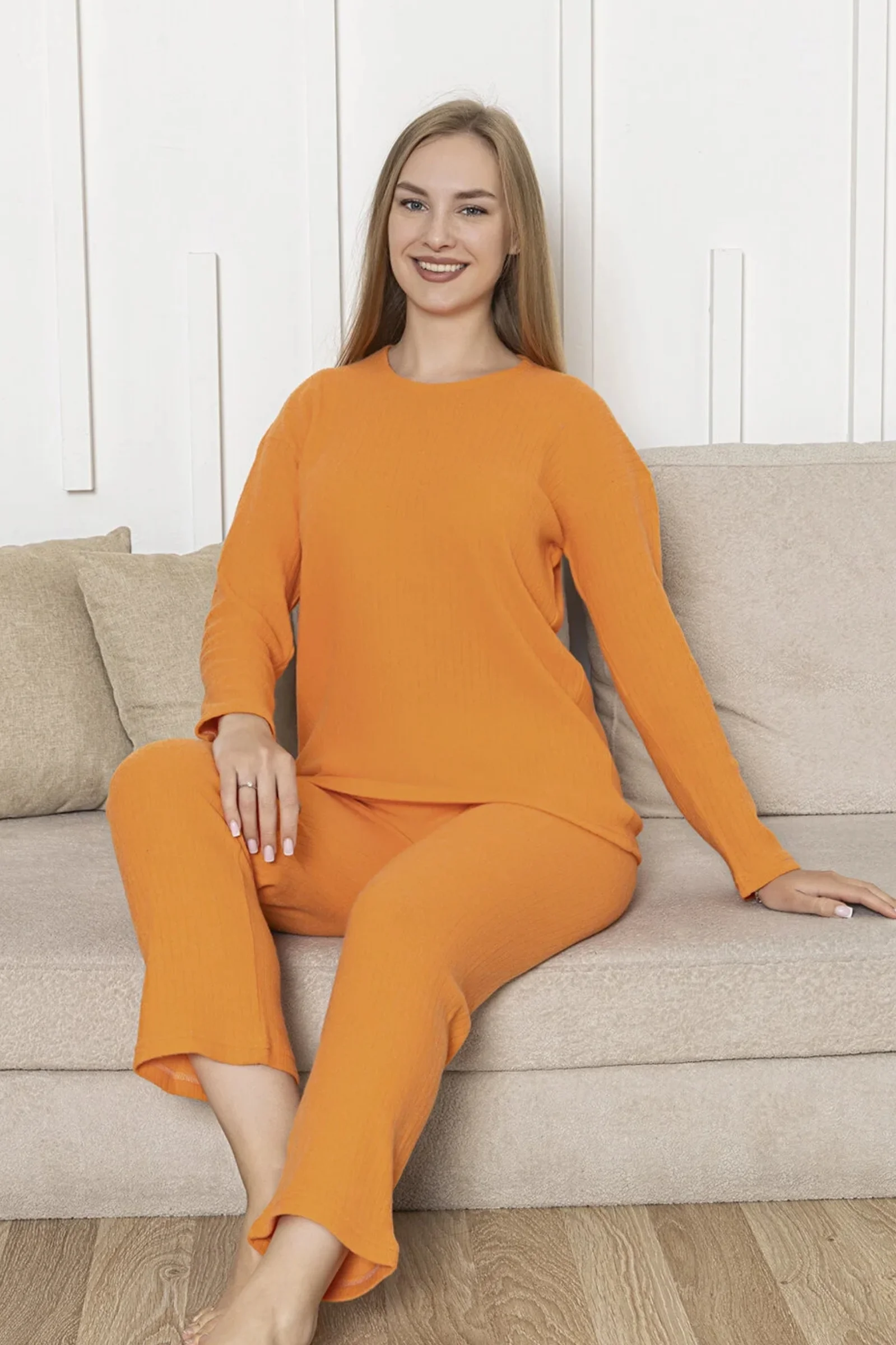 Pamuklu Kalın Kışlık İnterlok Şeritli Uzun Kollu Örme Pijama Takımı, Turuncu, M Fiyatı, Yorumları ve Özellikleri