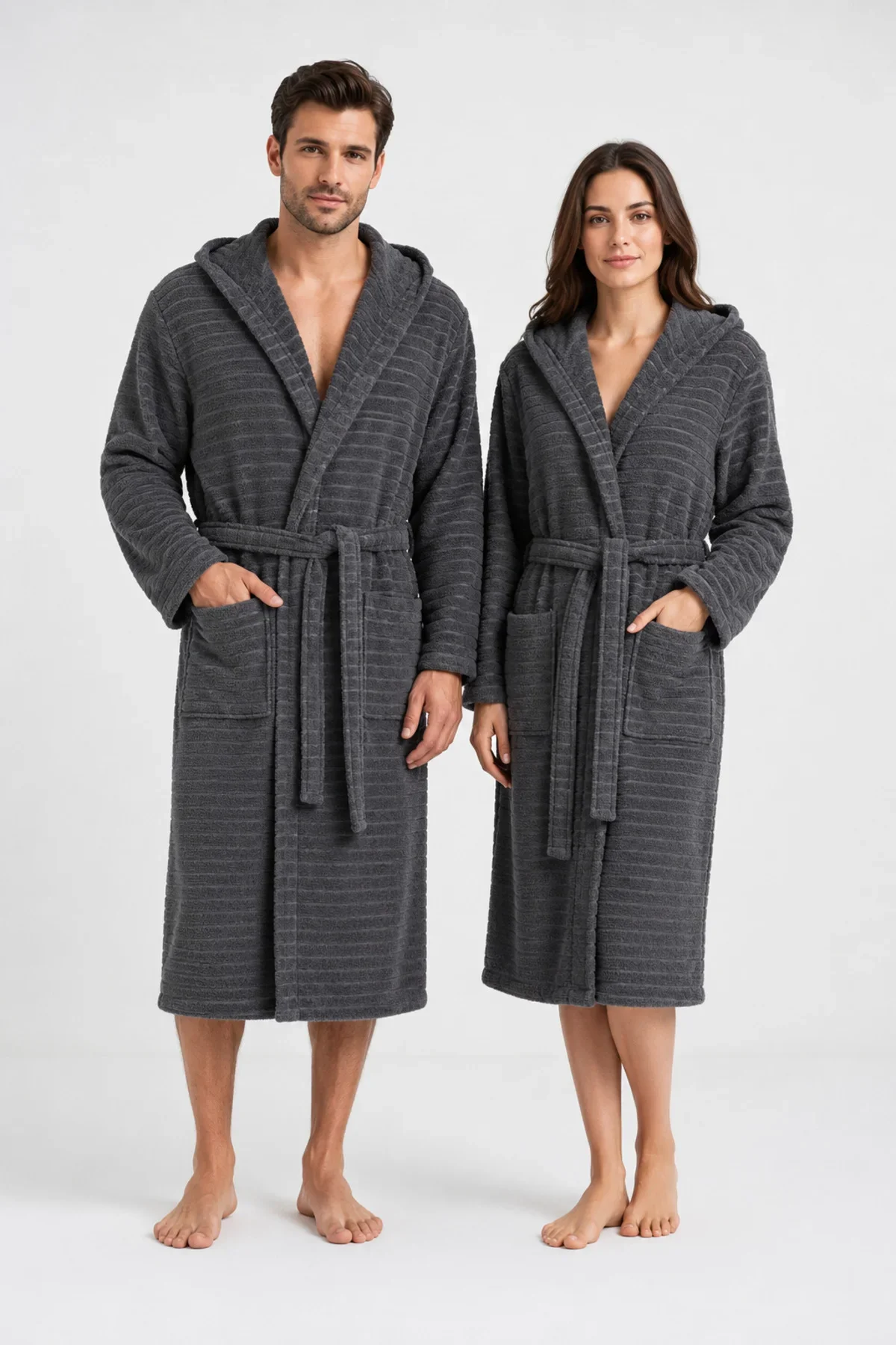 Pamuklu Kapüşonlu Banyo Bornozu | Yumuşak Doku | Çeyiz | Cepli Kemerli | Unisex - Görsel 2