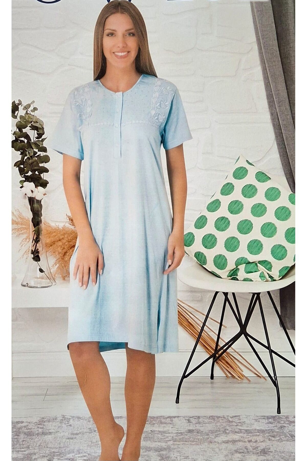 Pamuklu Kısa Kol Kadın Midi Gecelik Mavi