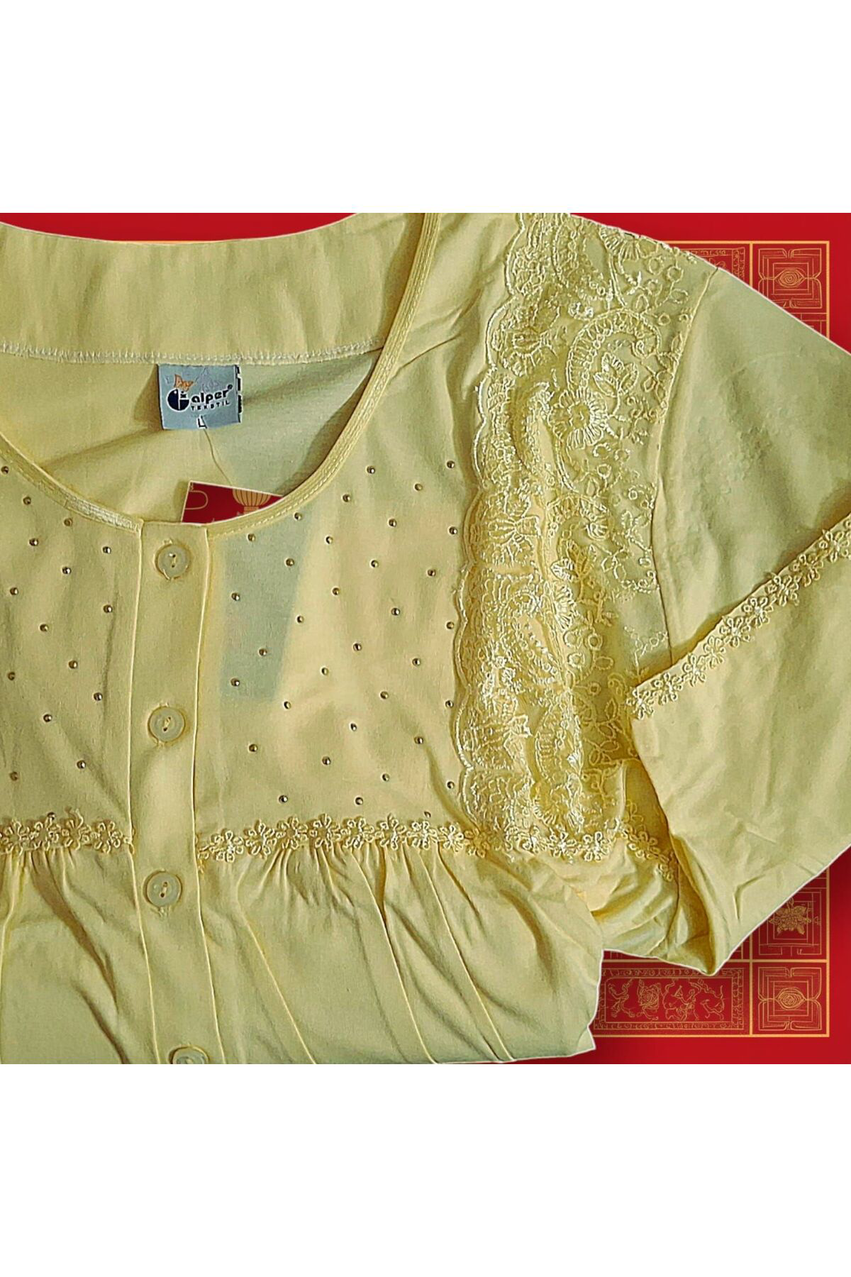 Pamuklu Kısa Kol Taşlı Gecelik Anne Geceliği SARI