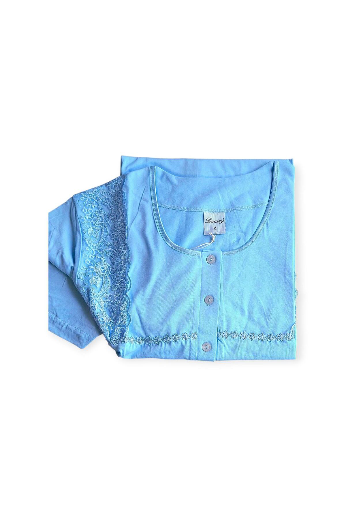 Pamuklu Kısa Kol Kadın Midi Gecelik Mavi