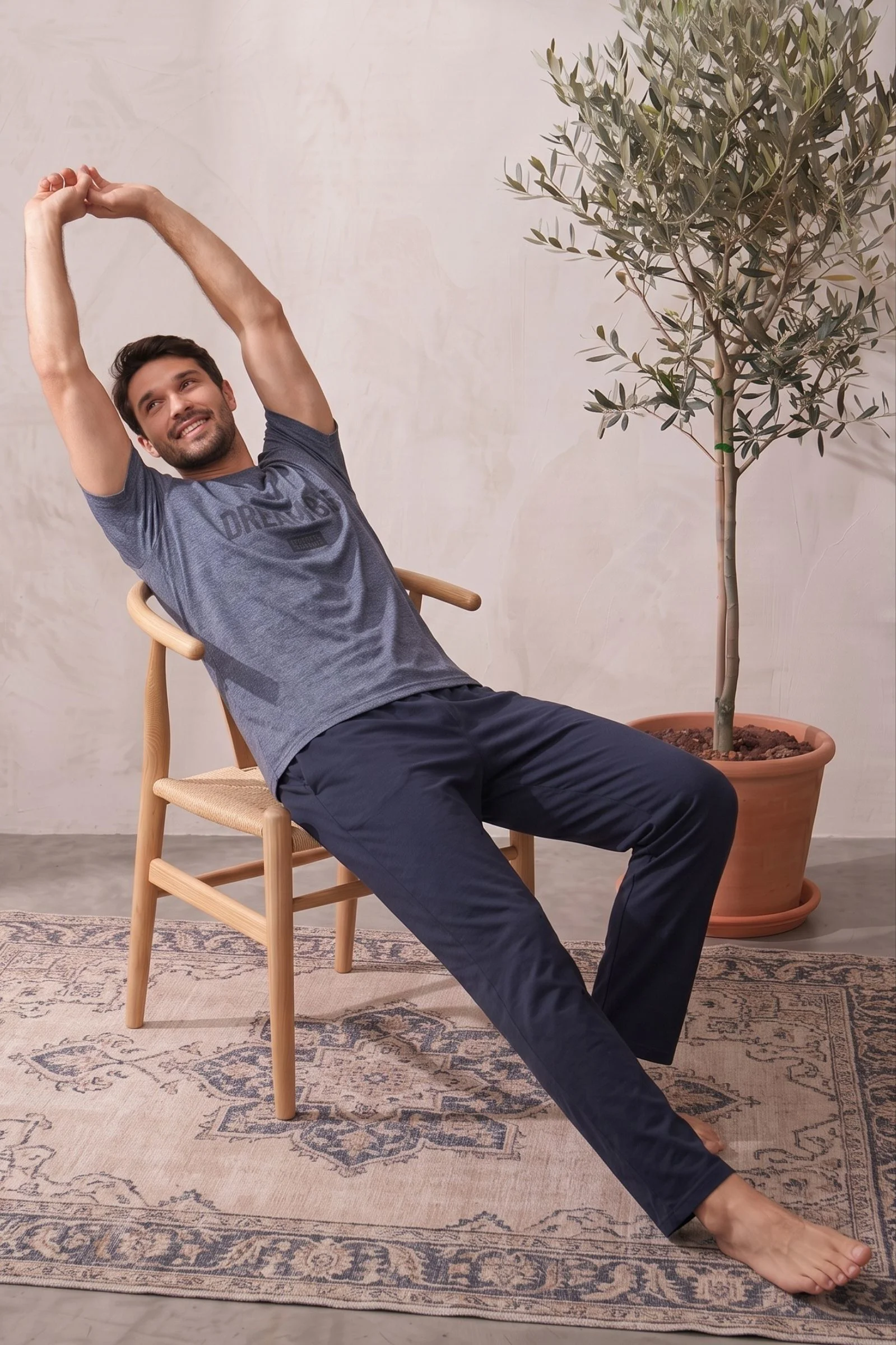 Pamuklu Kısa Kollu Desenli Erkek Pijama Takımı, İndigo, M Pamuklu Kısa Kollu Desenli Erkek Pijama Takımı, İndigo, M