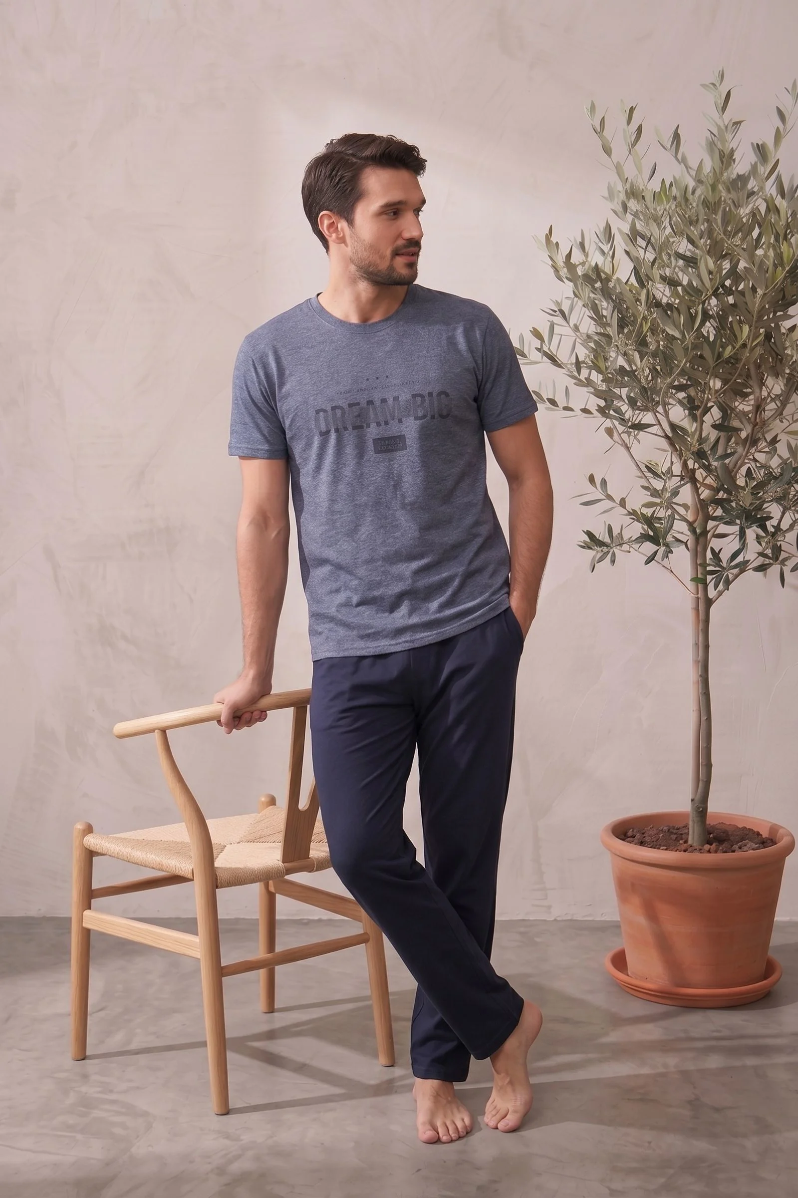 Pamuklu Kısa Kollu Desenli Erkek Pijama Takımı, İndigo, M Pamuklu Kısa Kollu Desenli Erkek Pijama Takımı, İndigo, M