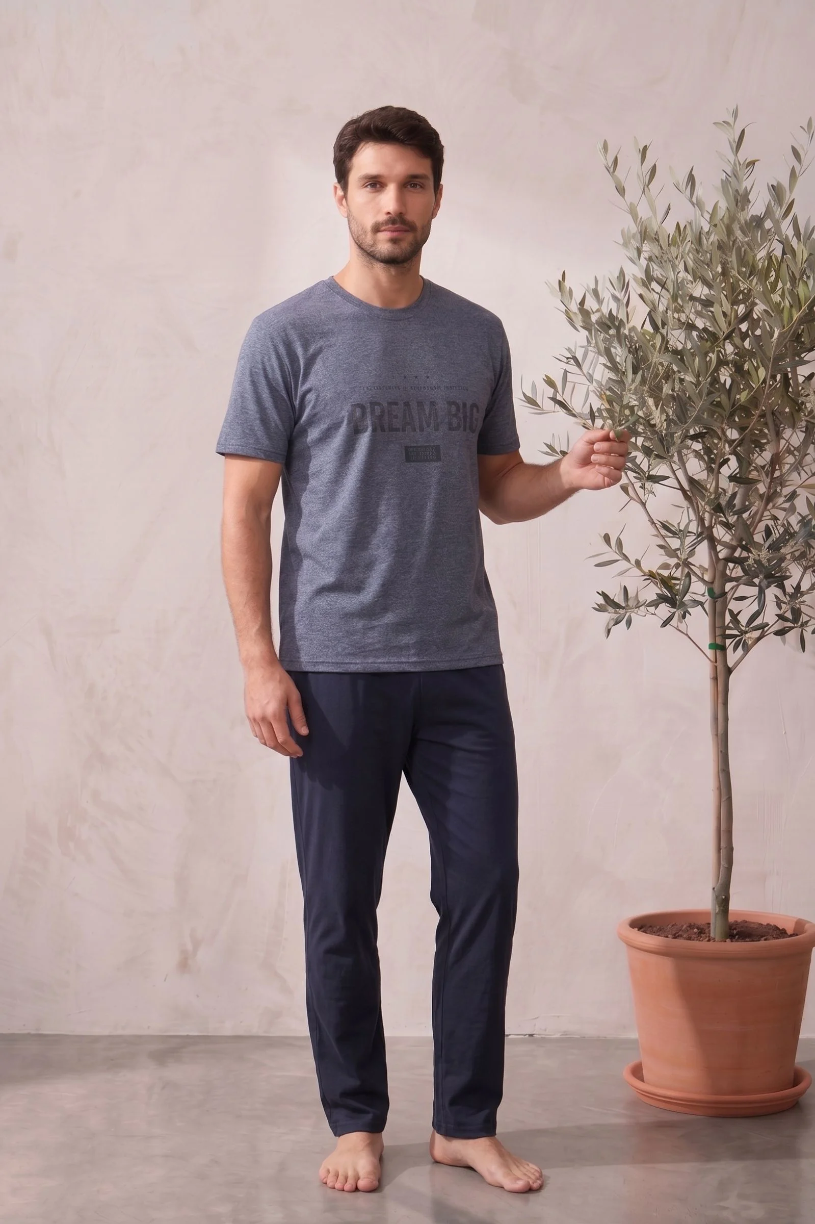 Pamuklu Kısa Kollu Desenli Erkek Pijama Takımı, İndigo, M Pamuklu Kısa Kollu Desenli Erkek Pijama Takımı, İndigo, M