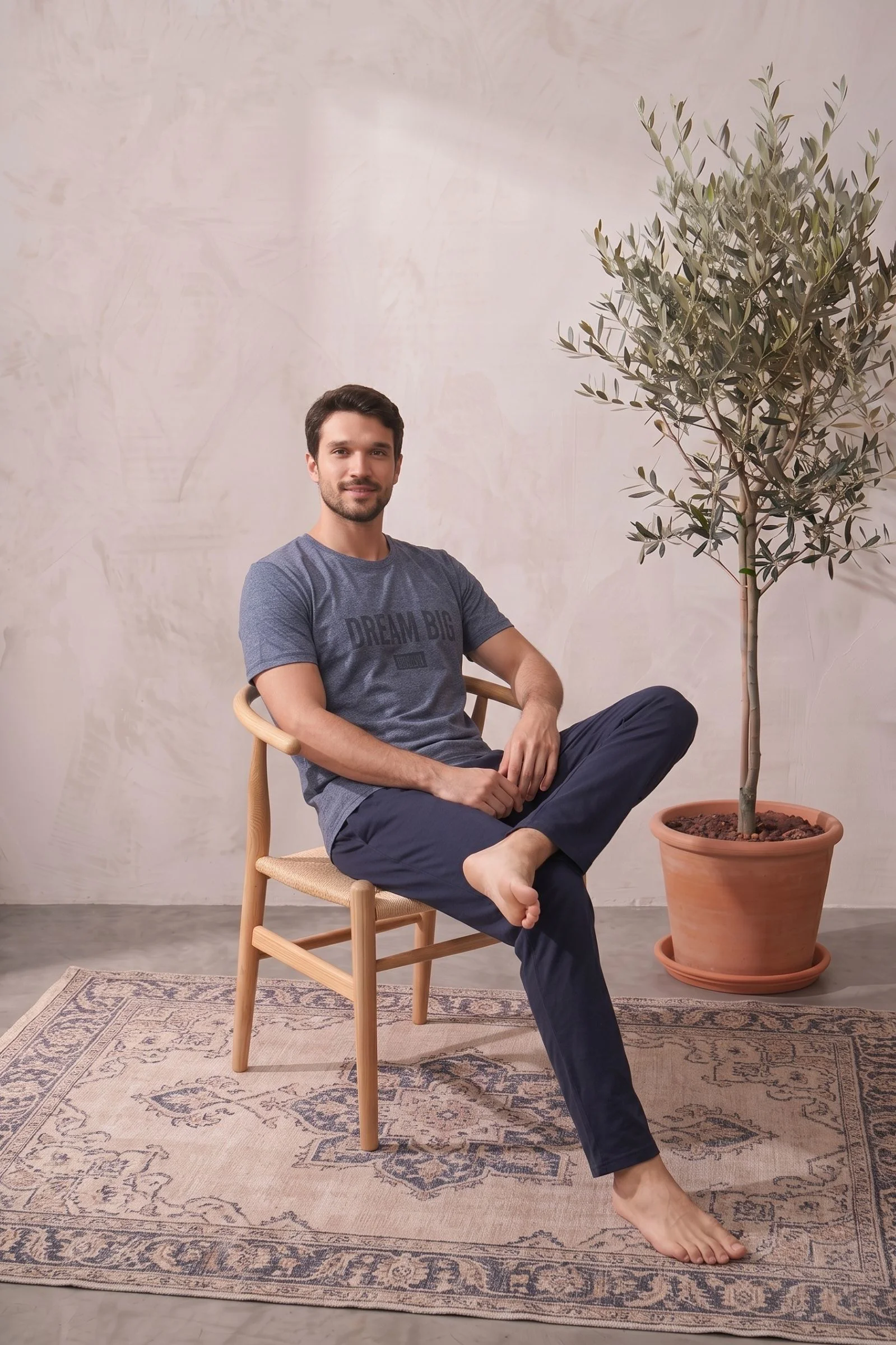 Pamuklu Kısa Kollu Desenli Erkek Pijama Takımı, İndigo, M Pamuklu Kısa Kollu Desenli Erkek Pijama Takımı, İndigo, M