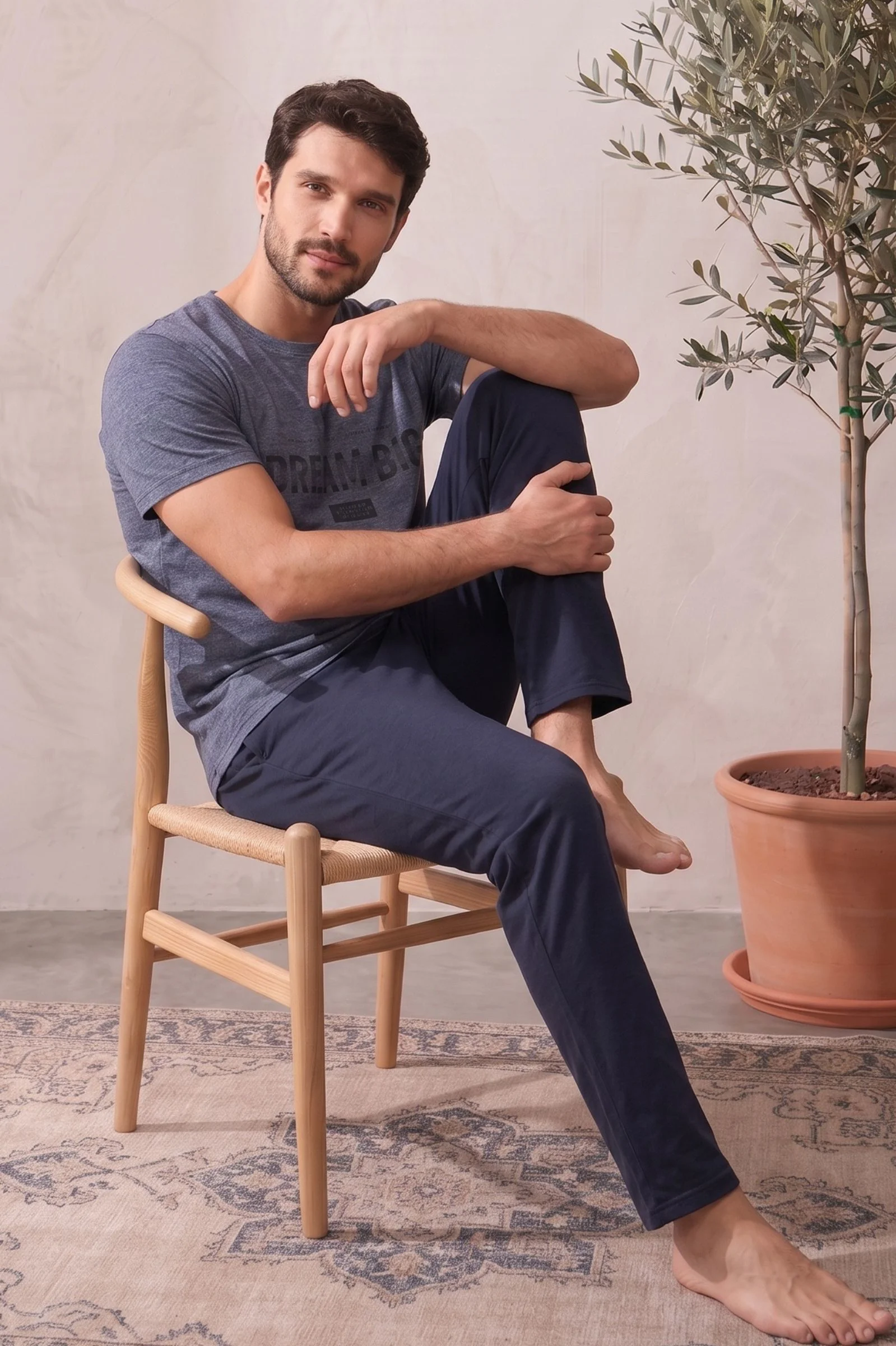 Pamuklu Kısa Kollu Desenli Erkek Pijama Takımı, İndigo, M Pamuklu Kısa Kollu Desenli Erkek Pijama Takımı, İndigo, M