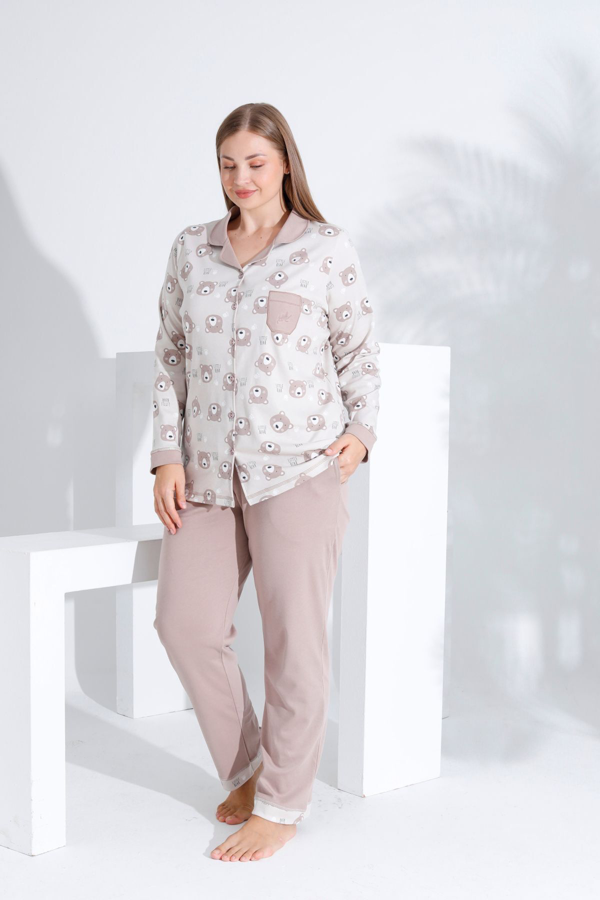Pamuklu Önden Düğmeli Uzun Kol Kadın Pijama Takımı AÇIK KAHVE