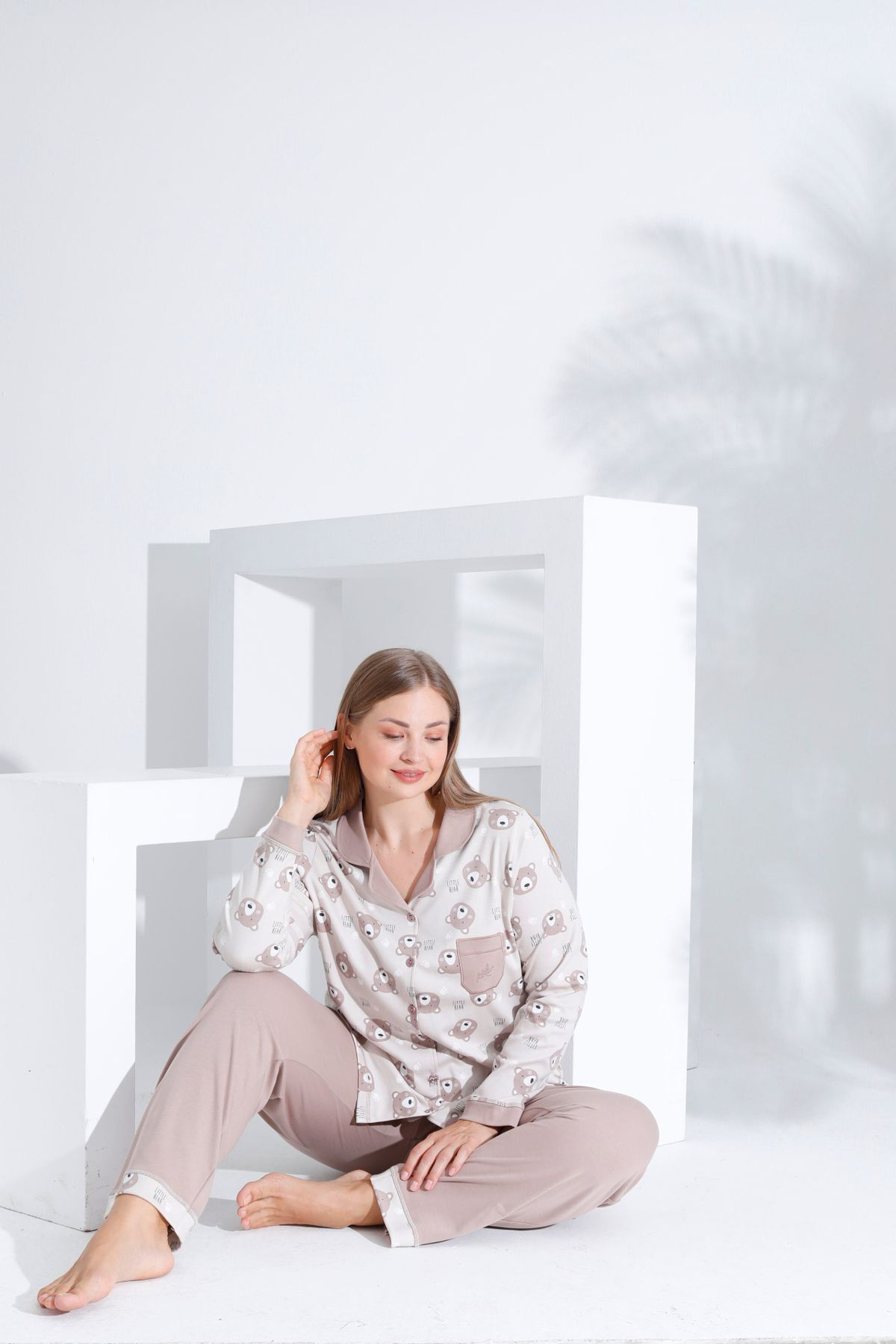 Pamuklu Önden Düğmeli Uzun Kol Kadın Pijama Takımı AÇIK KAHVE