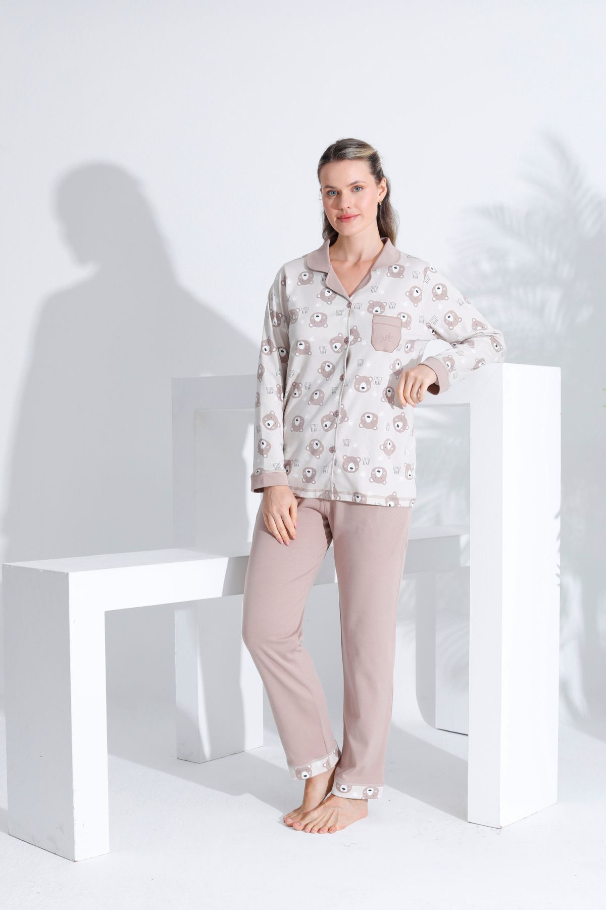 Pamuklu Önden Düğmeli Uzun Kol Kadın Pijama Takımı AÇIK KAHVE