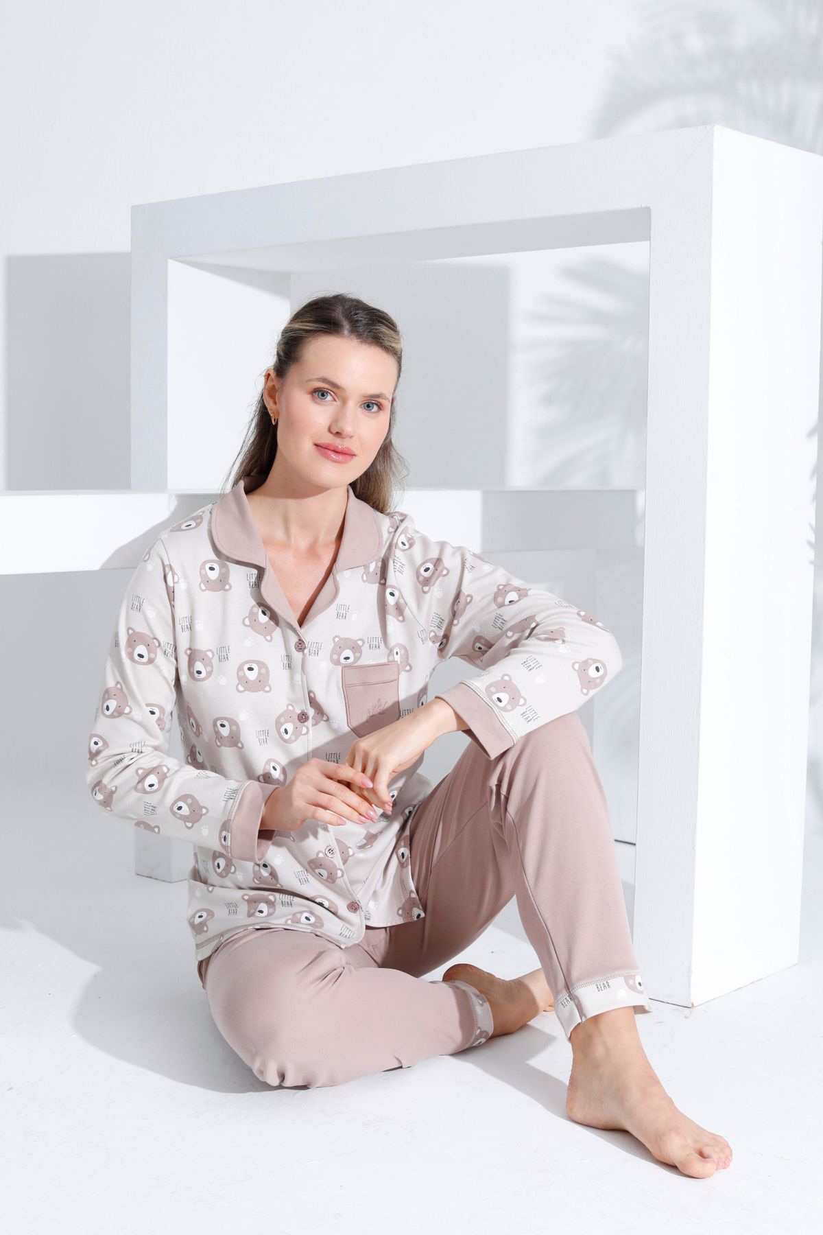 Pamuklu Önden Düğmeli Uzun Kol Kadın Pijama Takımı AÇIK KAHVE