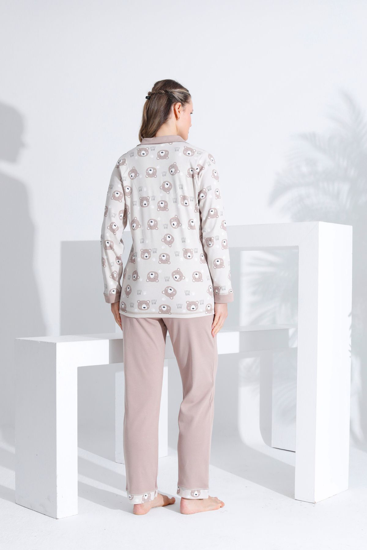 Pamuklu Önden Düğmeli Uzun Kol Kadın Pijama Takımı AÇIK KAHVE