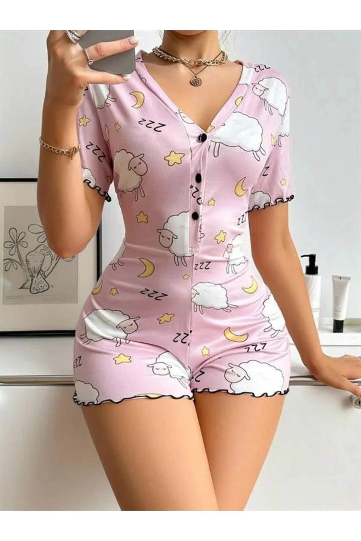 Pamuklu Pembe Kuzu Desenli Düğmeli Uzun Kol Tulum Pijama Fiyatı, Yorumları ve Özellikleri