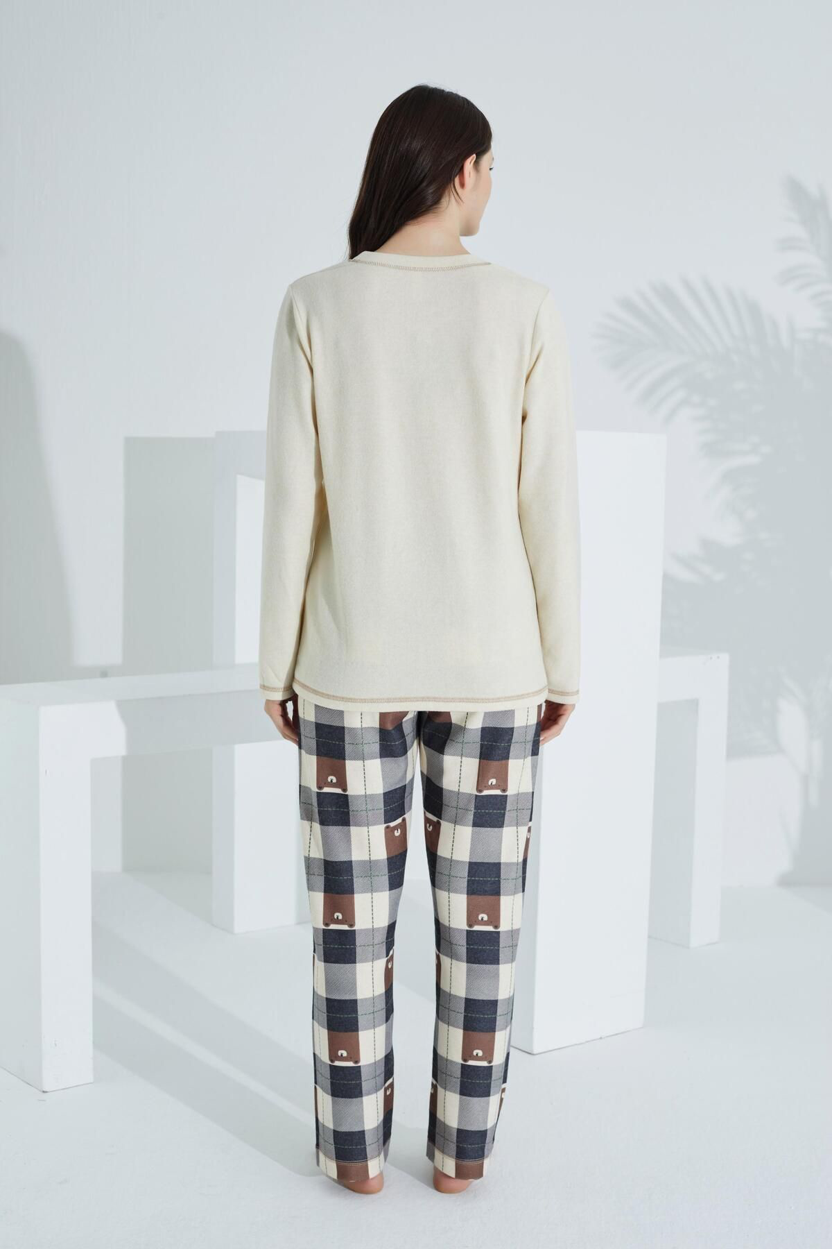 Etoile Pamuklu Uzun Kol Kadın Pijama Takımı Krem