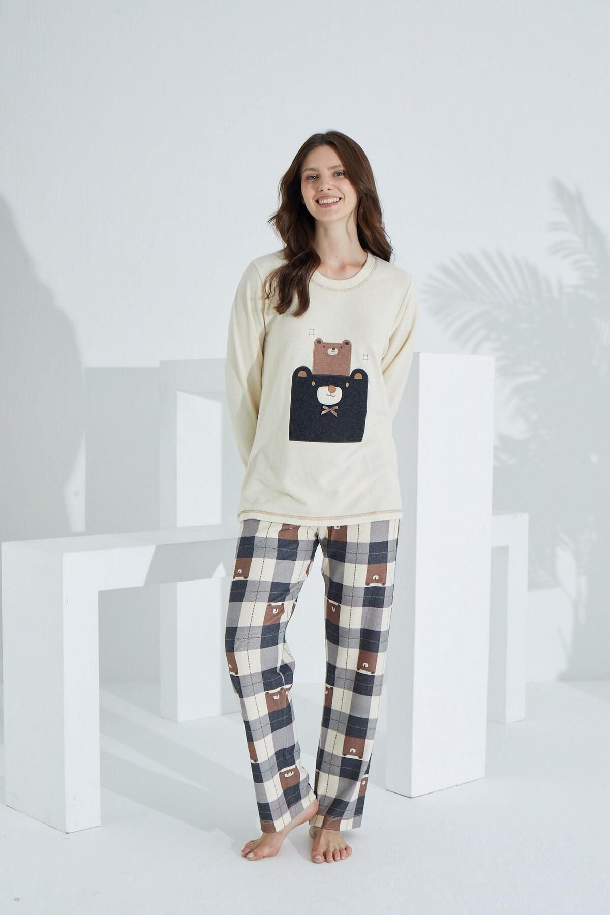 Etoile Pamuklu Uzun Kol Kadın Pijama Takımı Krem