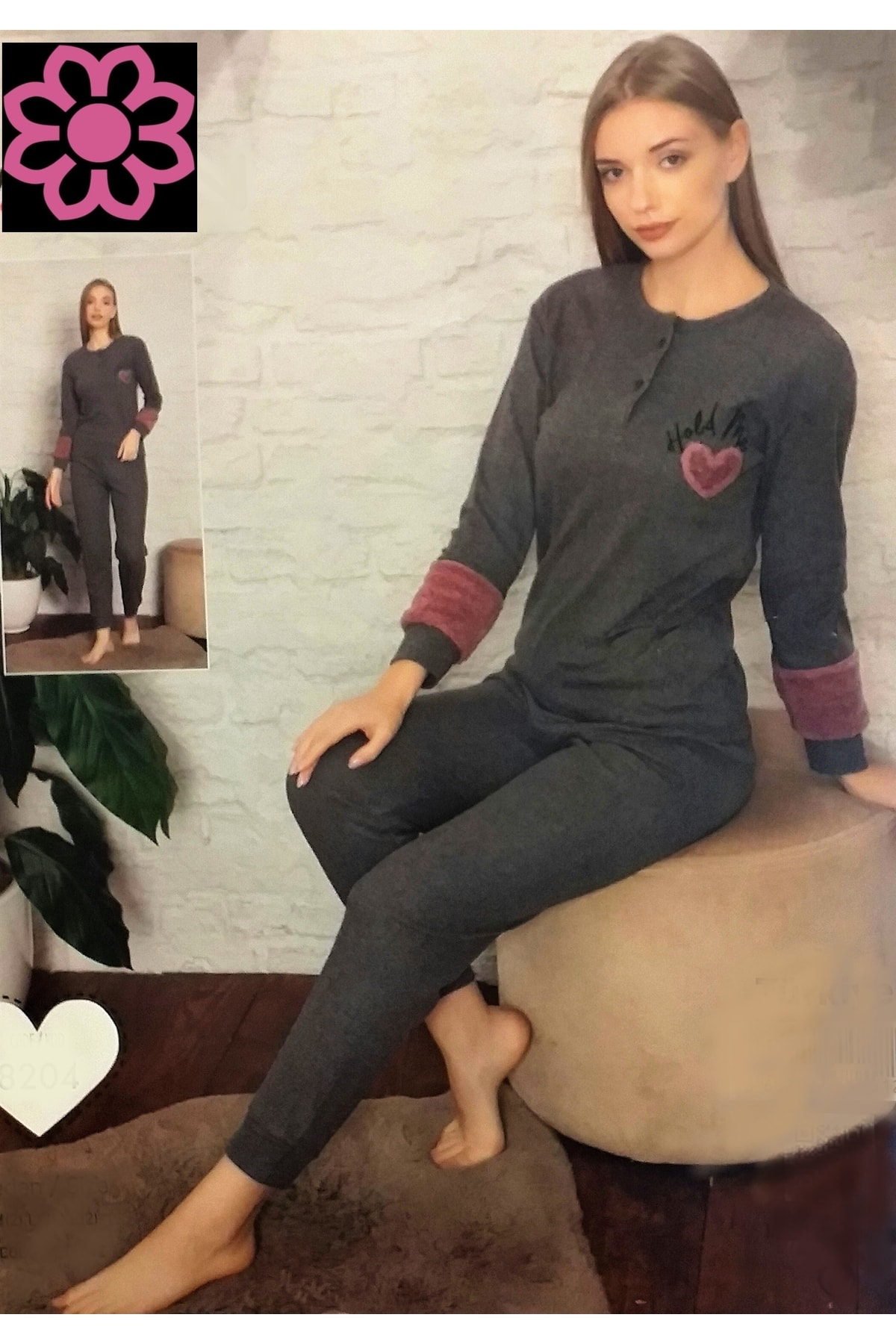 Pamuklu Uzun Kol Pijama Takımı Antrasit