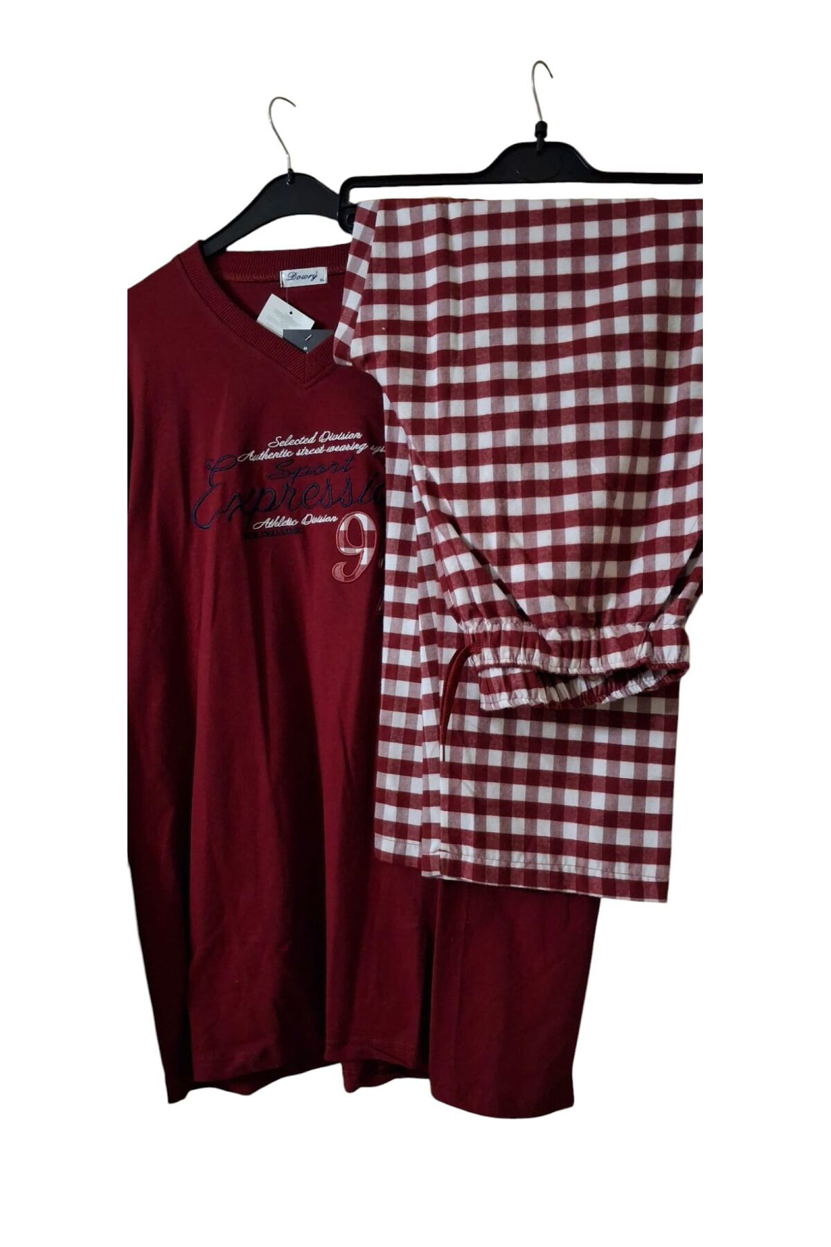 Pamuklu Uzun Kol Erkek Pijama Takımı Bordo Kareli