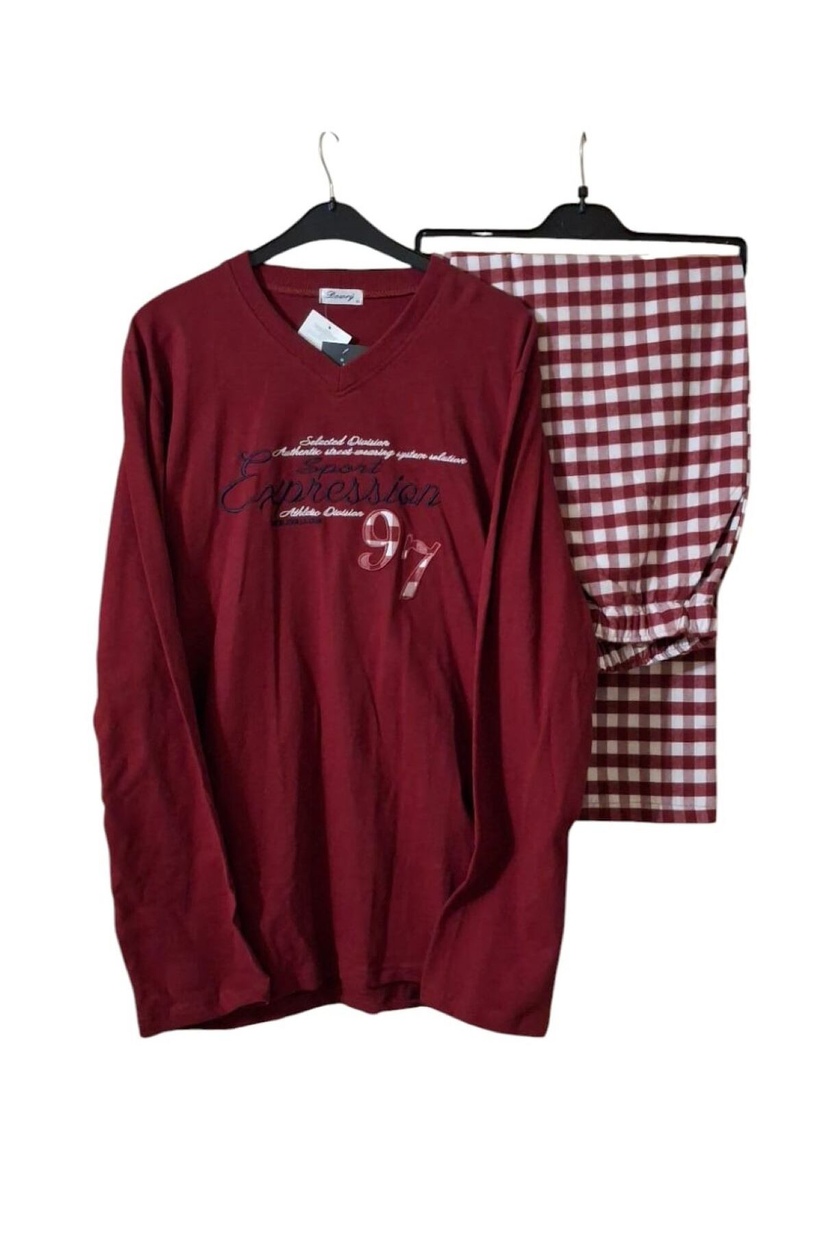 Pamuklu Uzun Kol Erkek Pijama Takımı Bordo Kareli