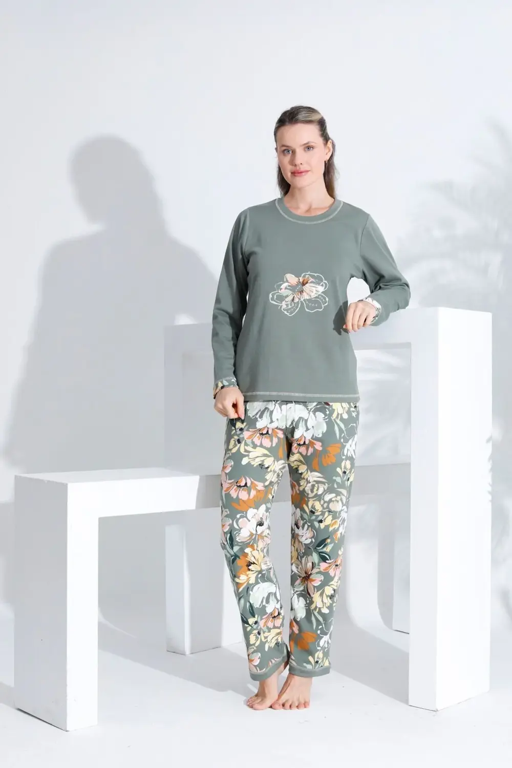 Pamuklu Uzun Kol Kadın Pijama Takımı HAKİ YEŞİL