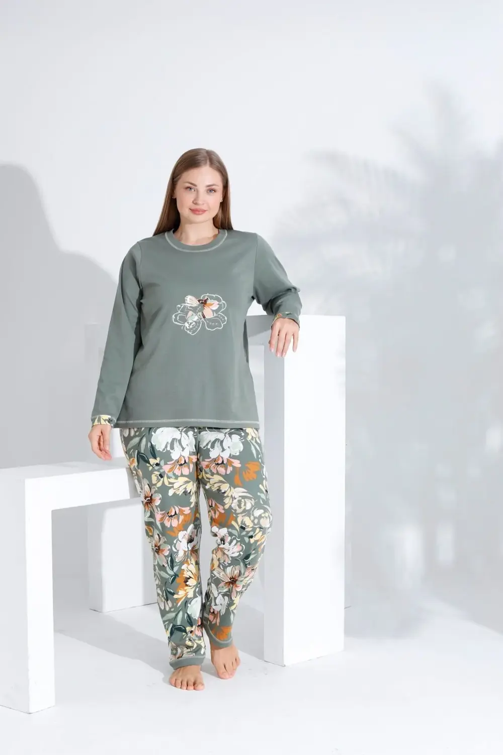 Pamuklu Uzun Kol Kadın Pijama Takımı HAKİ YEŞİL