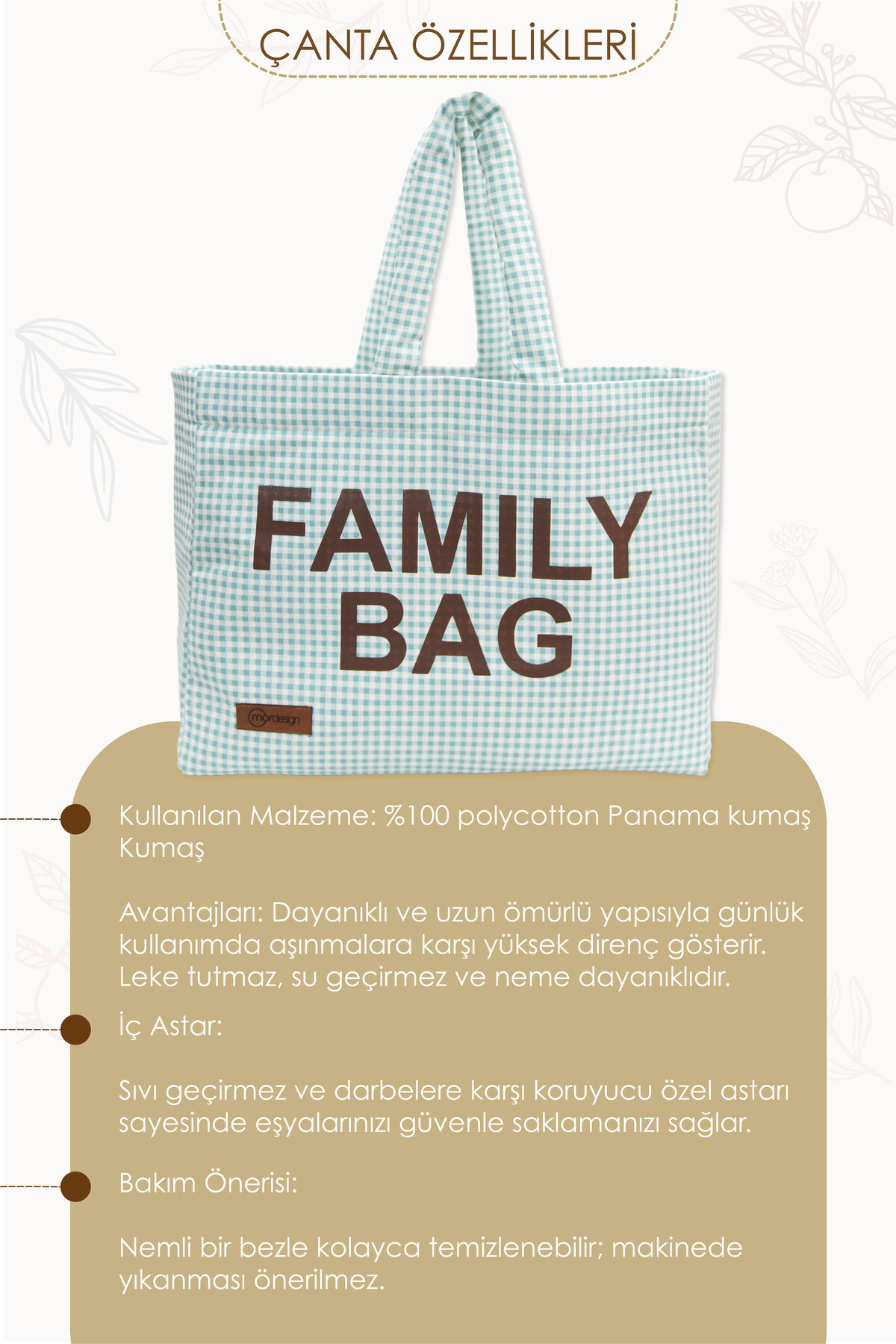 Mordesign Panama Bag, Anne Bebek Bakım Çantası, Sıvı Geçirmez Çanta, Xl Büy