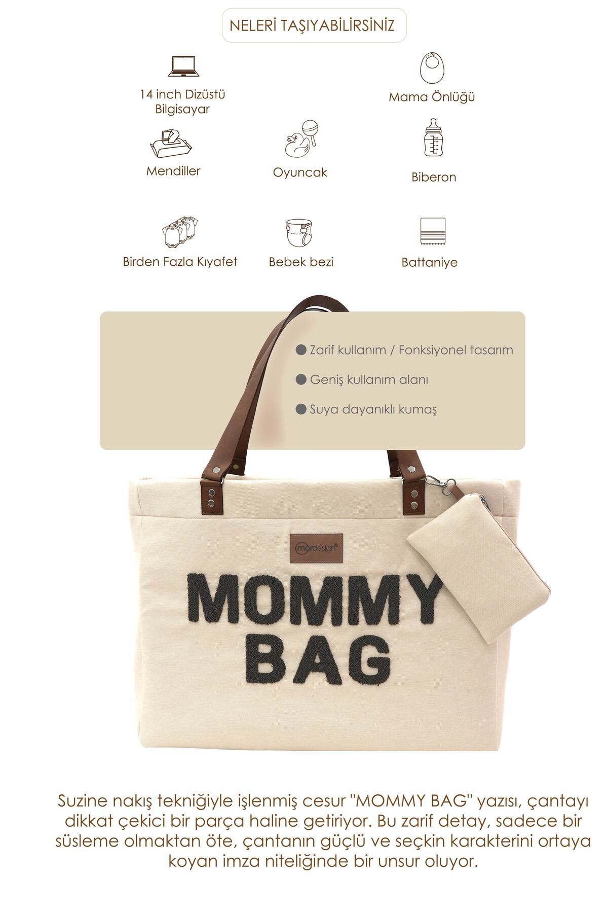 Mordesign Panama Bag,Anne Bebek Bakım Çantası,Mommy Bag,Cüzdan Hediyeli, Xl