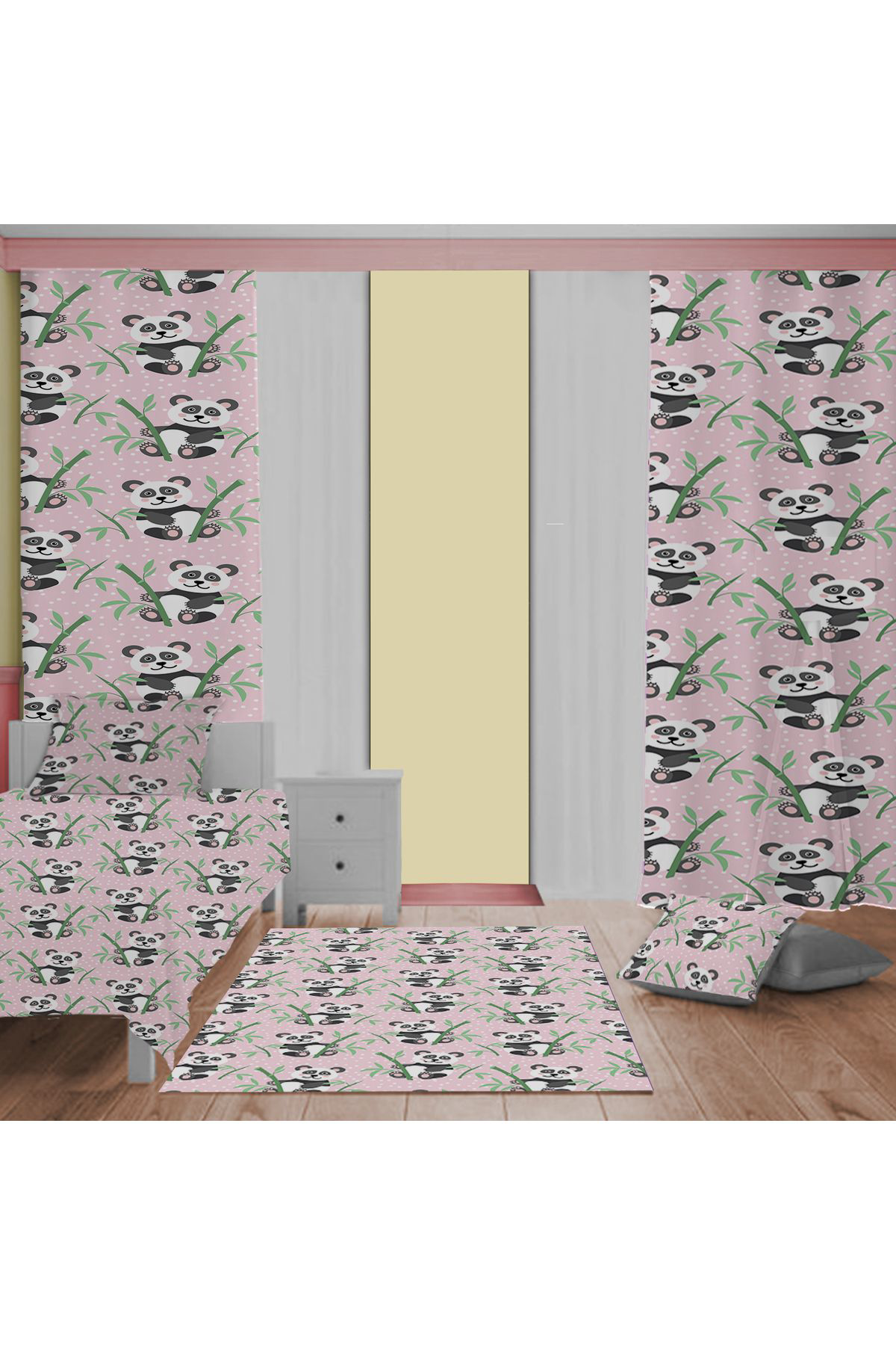 Evan Home Panda Desenli Çocuk Odası Takım Perde (İki Kanat),Yatak Örtüsü,Yastık,Kırlent ,Halı