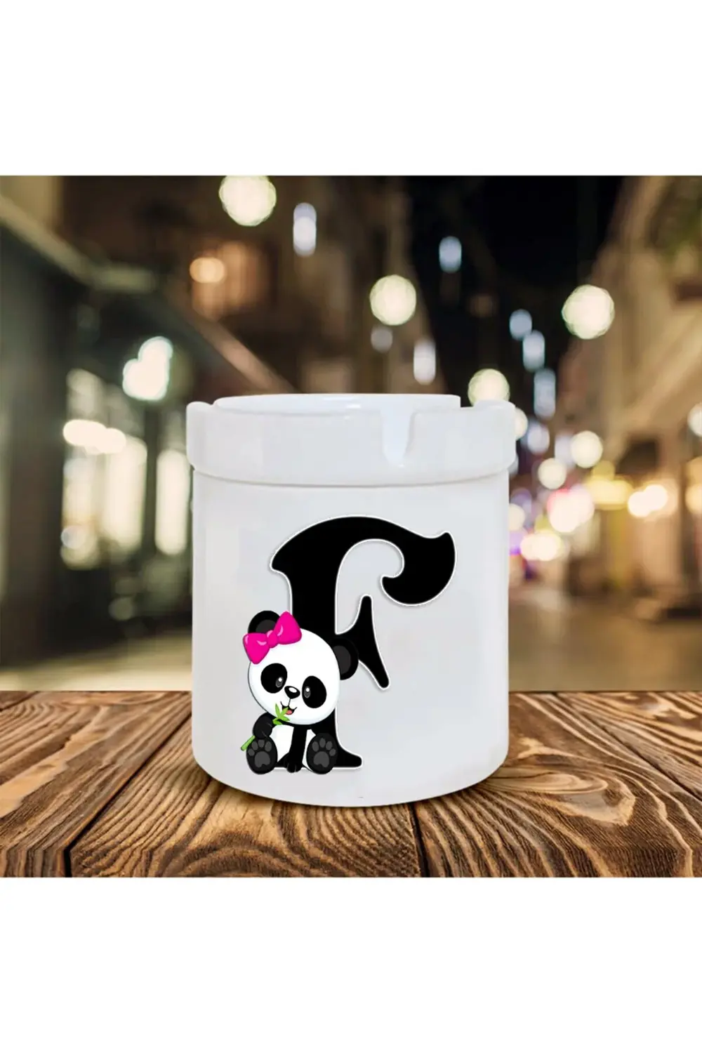 Panda Desenli F Harfi Baskılı Seramik Küllük