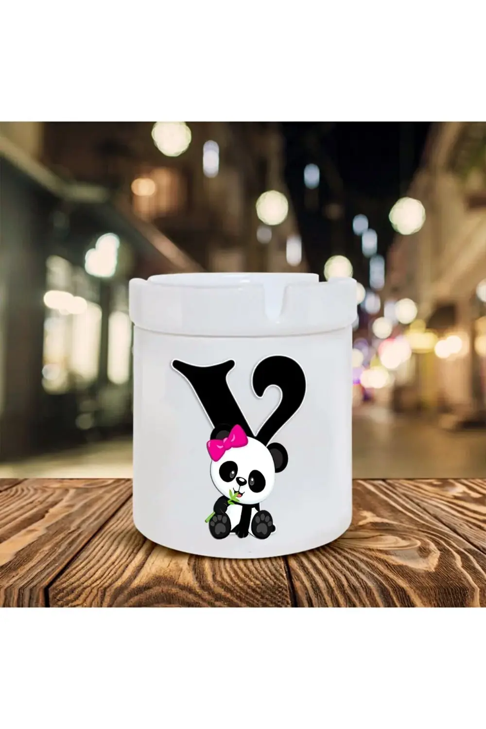 Panda Desenli Y Harfi Baskılı Seramik Şık Küllük