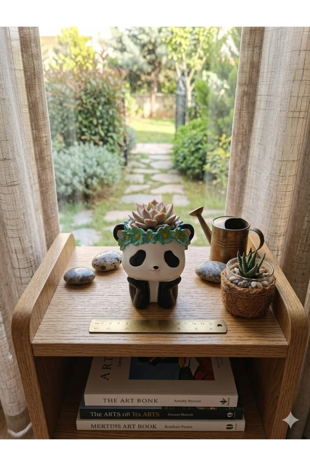 Panda Figürlü Dekoratif El Yapımı Sukulent Saksı - Çiçek Taçlı Se