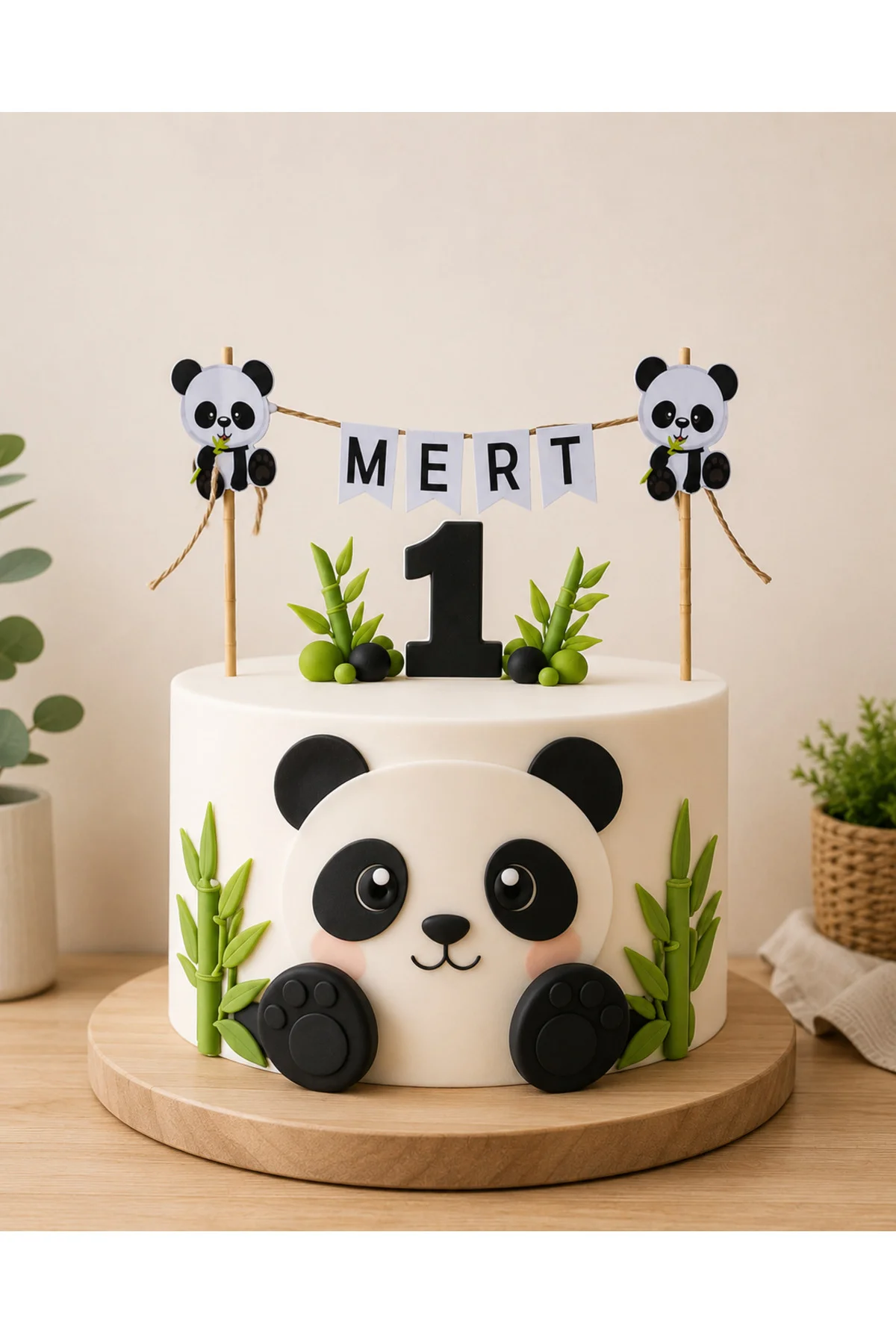 PANDA KONSEPTLİ DOĞUM GÜNÜ TEK İSİMLİ PASTA SÜSÜ FLEMASI
